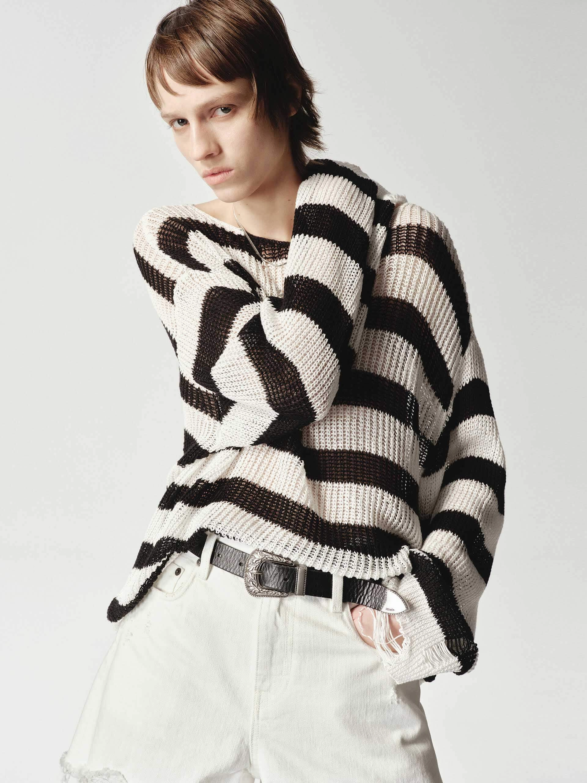 Striped Distressed Knit Sweater Comfy Knitwear Look Chill Layer