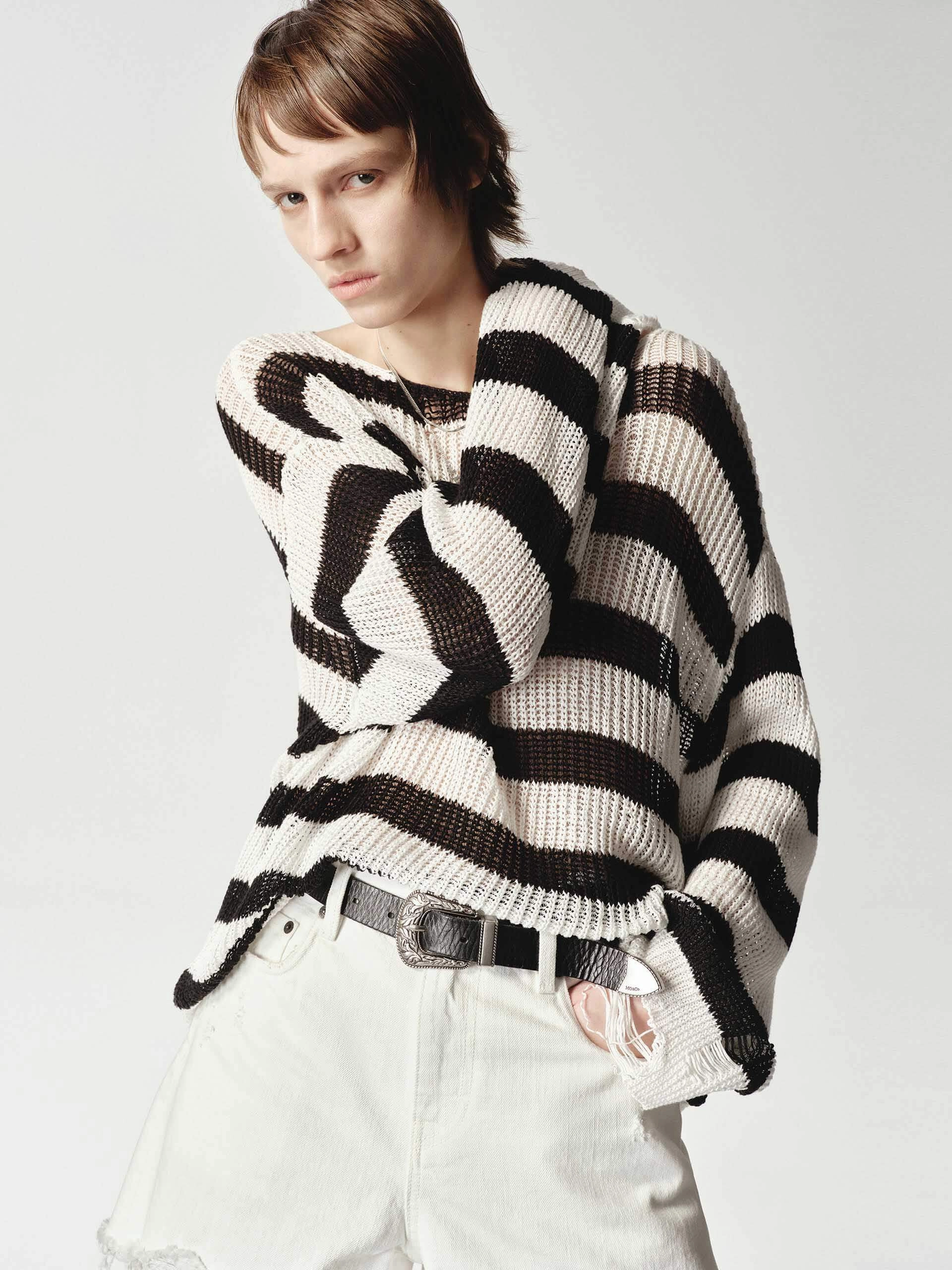 Knitted Design Low Maintenance Care Striped Distressed Knit Sweater