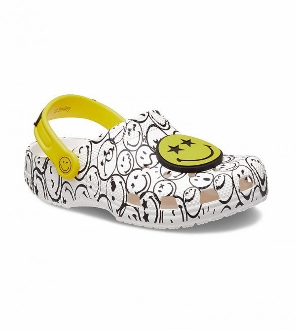 Crocs Classic Smiley 207978-94S Clog Kids  White Multi Slip-On Shoes GBO341 Textured Surface Silver Glow