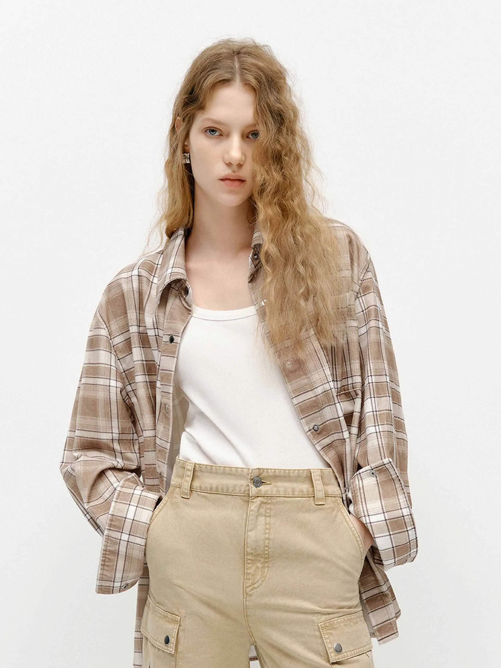 Plaid Cotton Shirt Functional Pocket Creative Professional