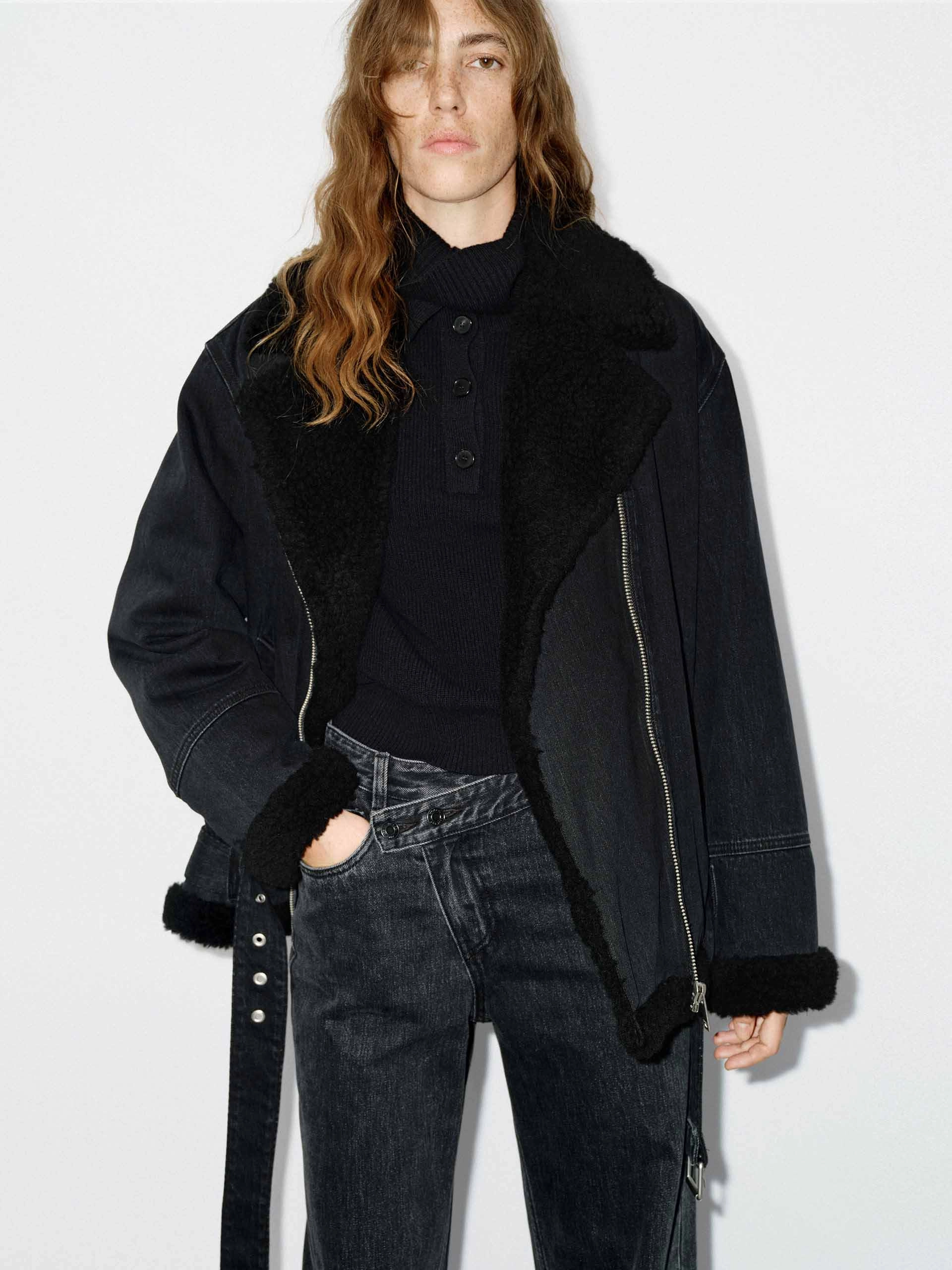 Wool Trim Denim Jacket Heat Retention Layer Magnetic Closure