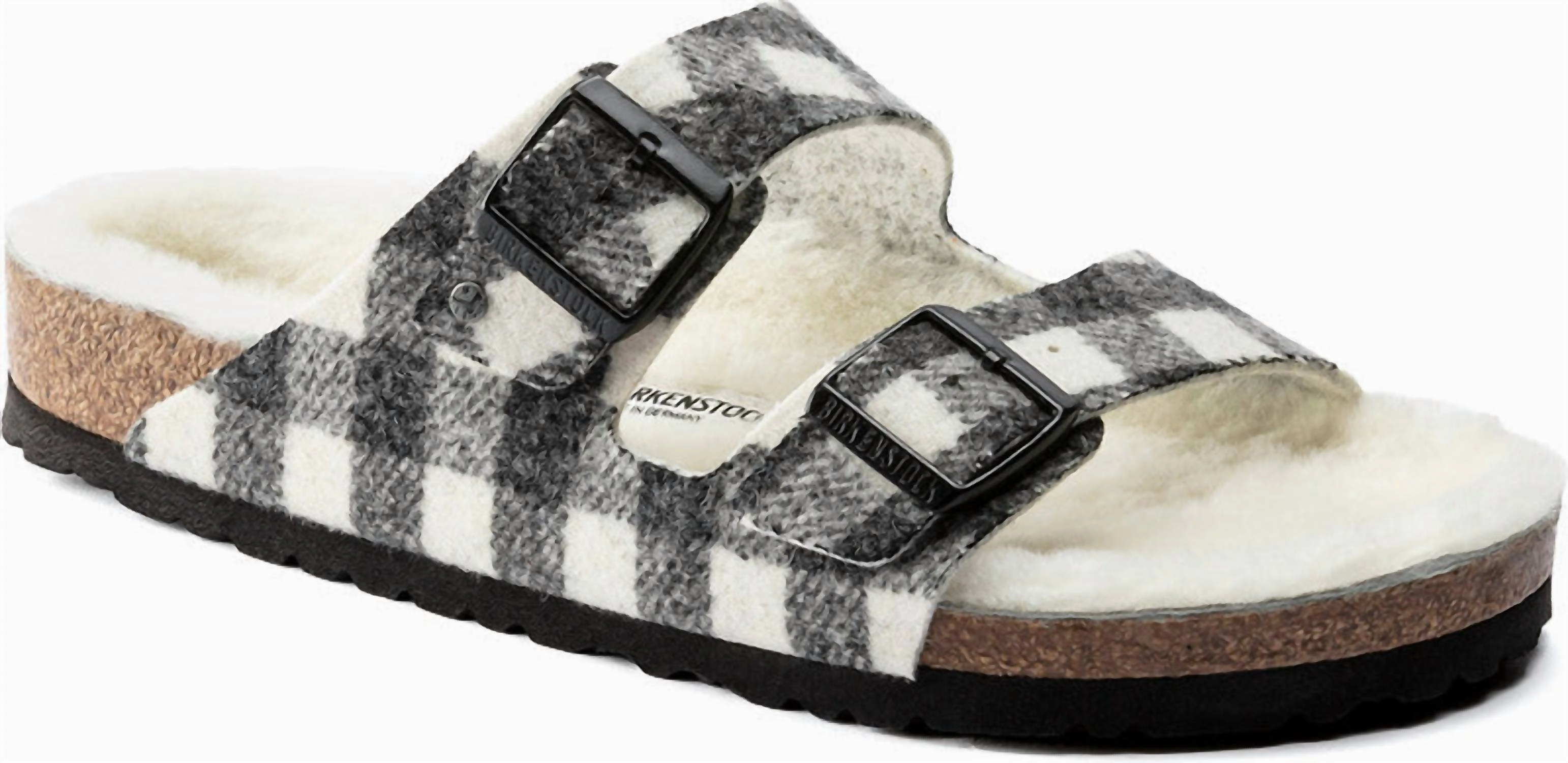 Men's Arizona Wool Shearling Sandal In Plaid White/natural Easy Posture Slip Resistant Grip
