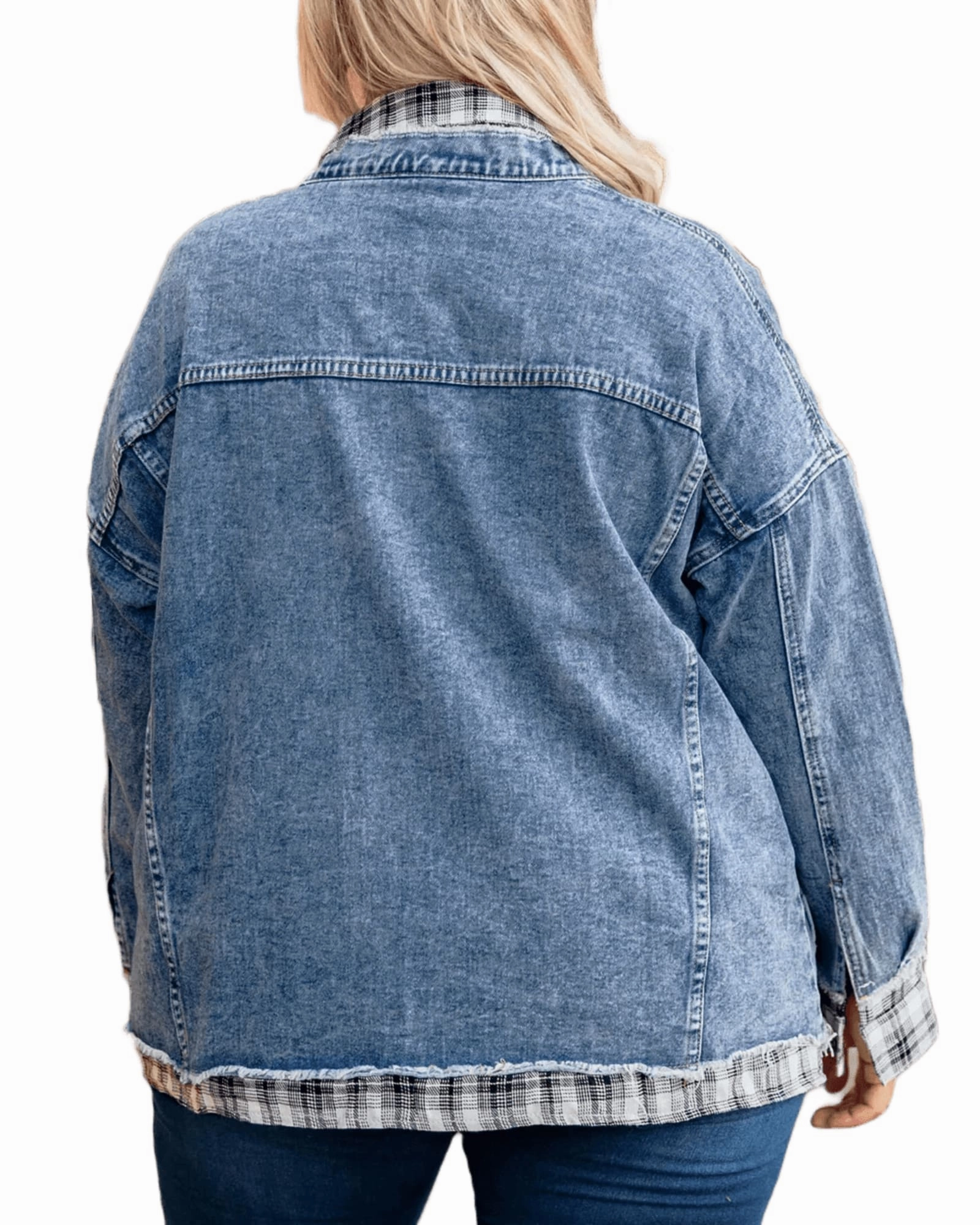 Sky Blue Plaid Hem Splicing Plus Size Denim Jacket | Sky Blue All weather