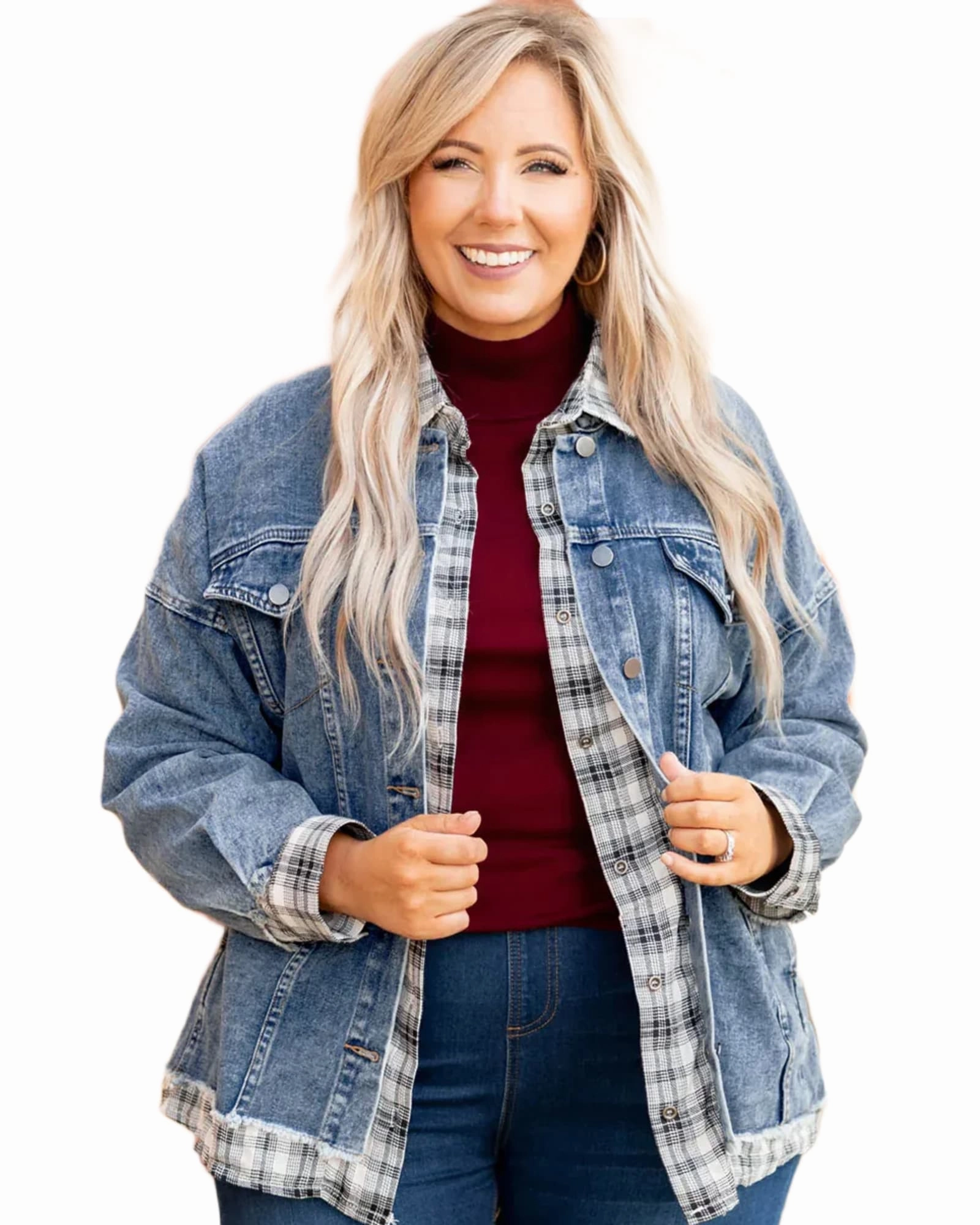 Softshell Outer Layer Sky Blue Plaid Hem Splicing Plus Size Denim Jacket | Sky Blue