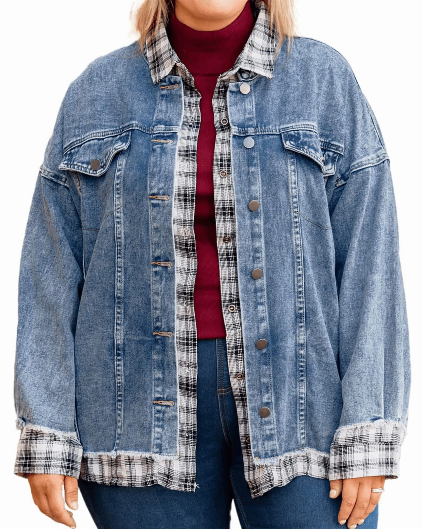 runner Sky Blue Plaid Hem Splicing Plus Size Denim Jacket | Sky Blue