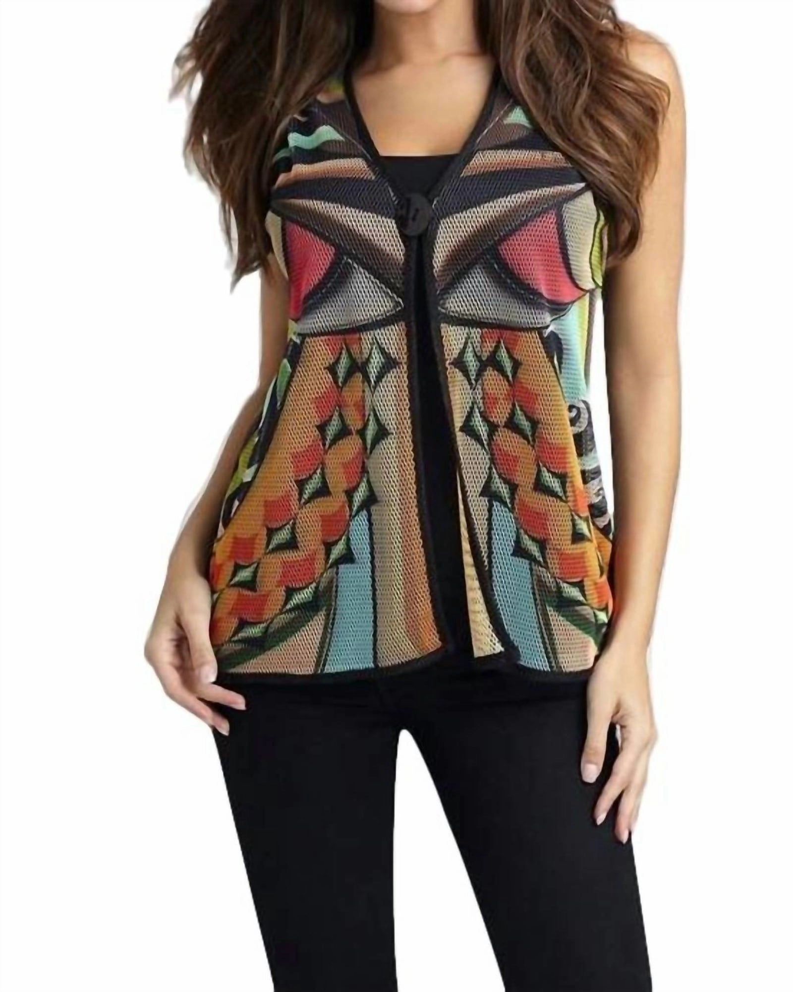 Southwest Long Vest in Black Multi | Black Multi Shawl Trail Comfort