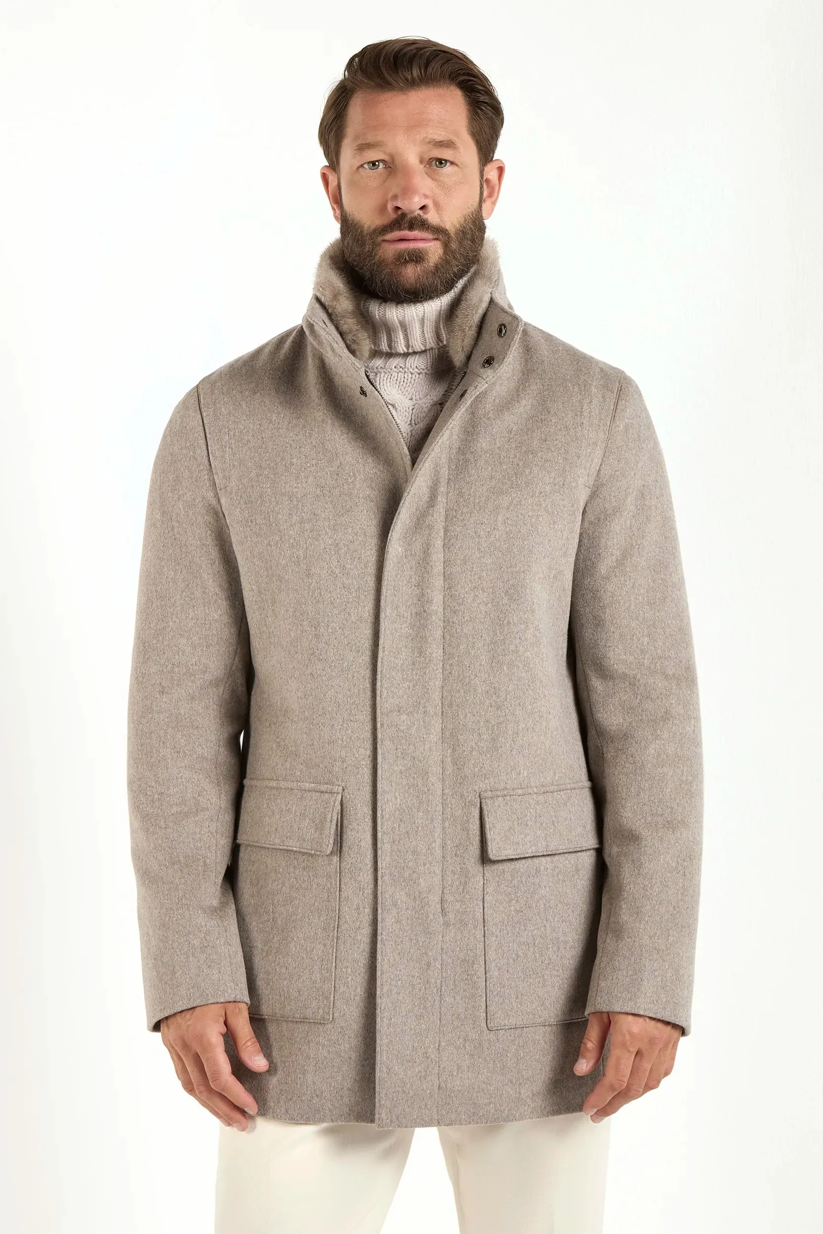 Taupe coat with mink collar - Made in Italy Laser Cut Airflow Vents Moisture Wicking Finish