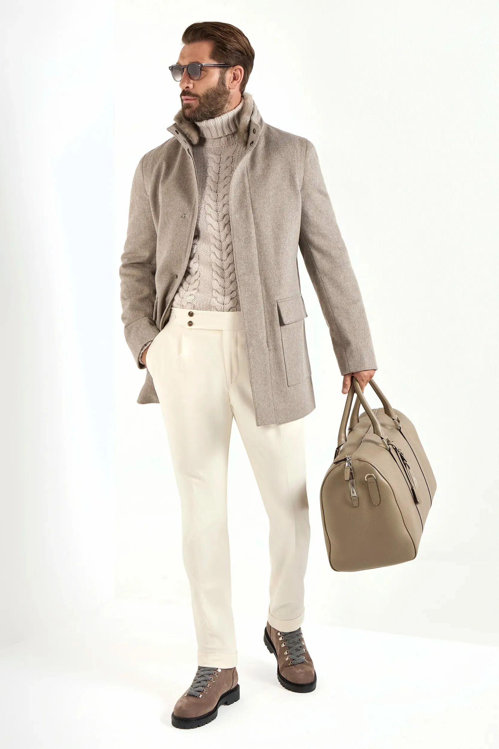 Taupe coat with mink collar - Made in Italy TearResistant Reinforcements