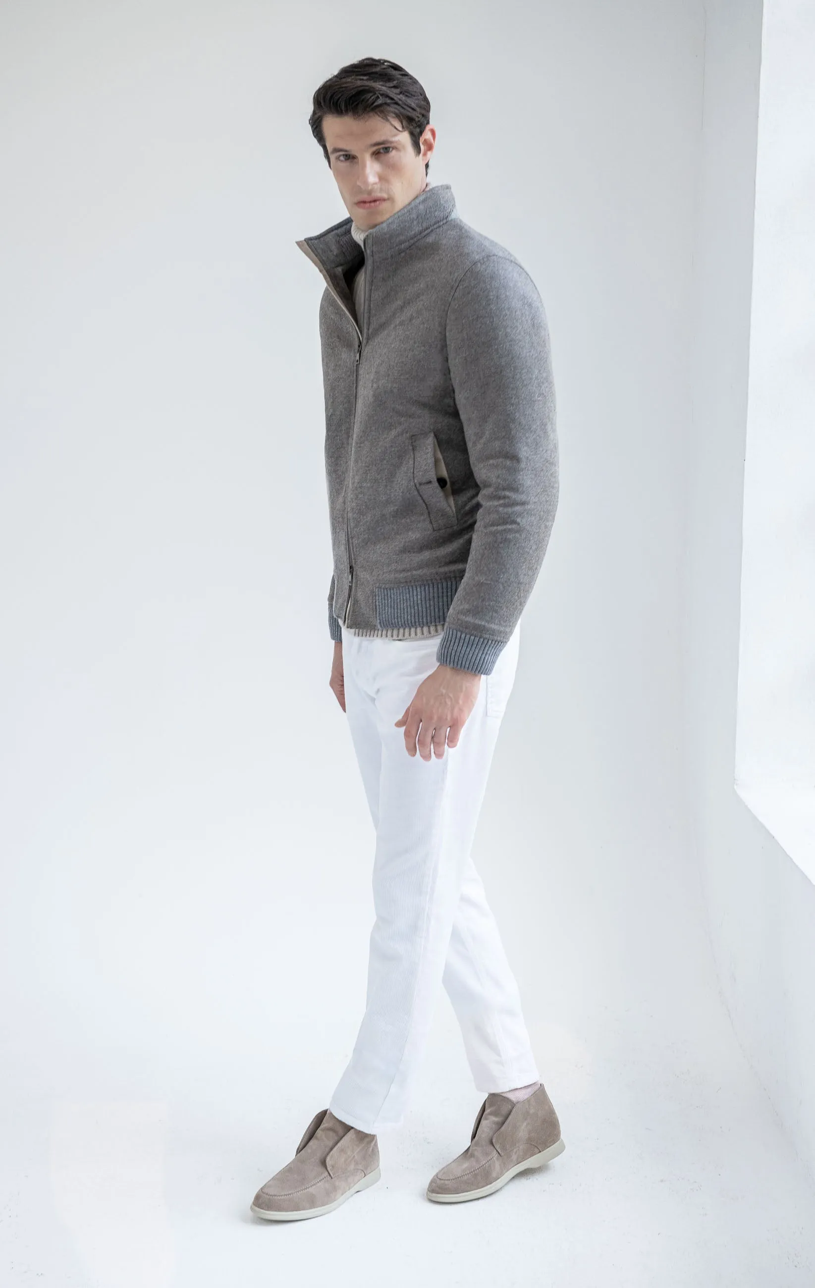 Taupe down bomber in wool & cashmere ?C Made in Italy NonRestrictiveFit Cool Climate