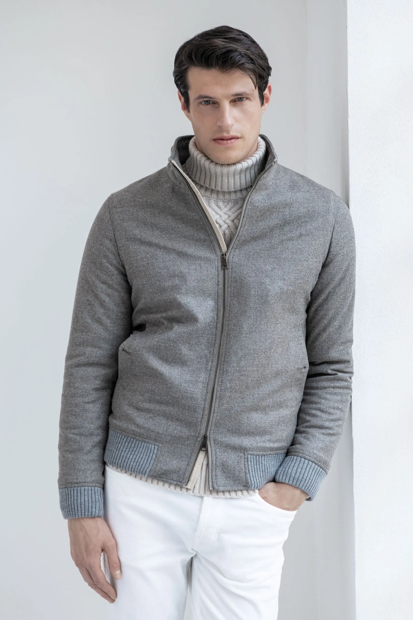Smart Casual Taupe down bomber in wool & cashmere ?C Made in Italy