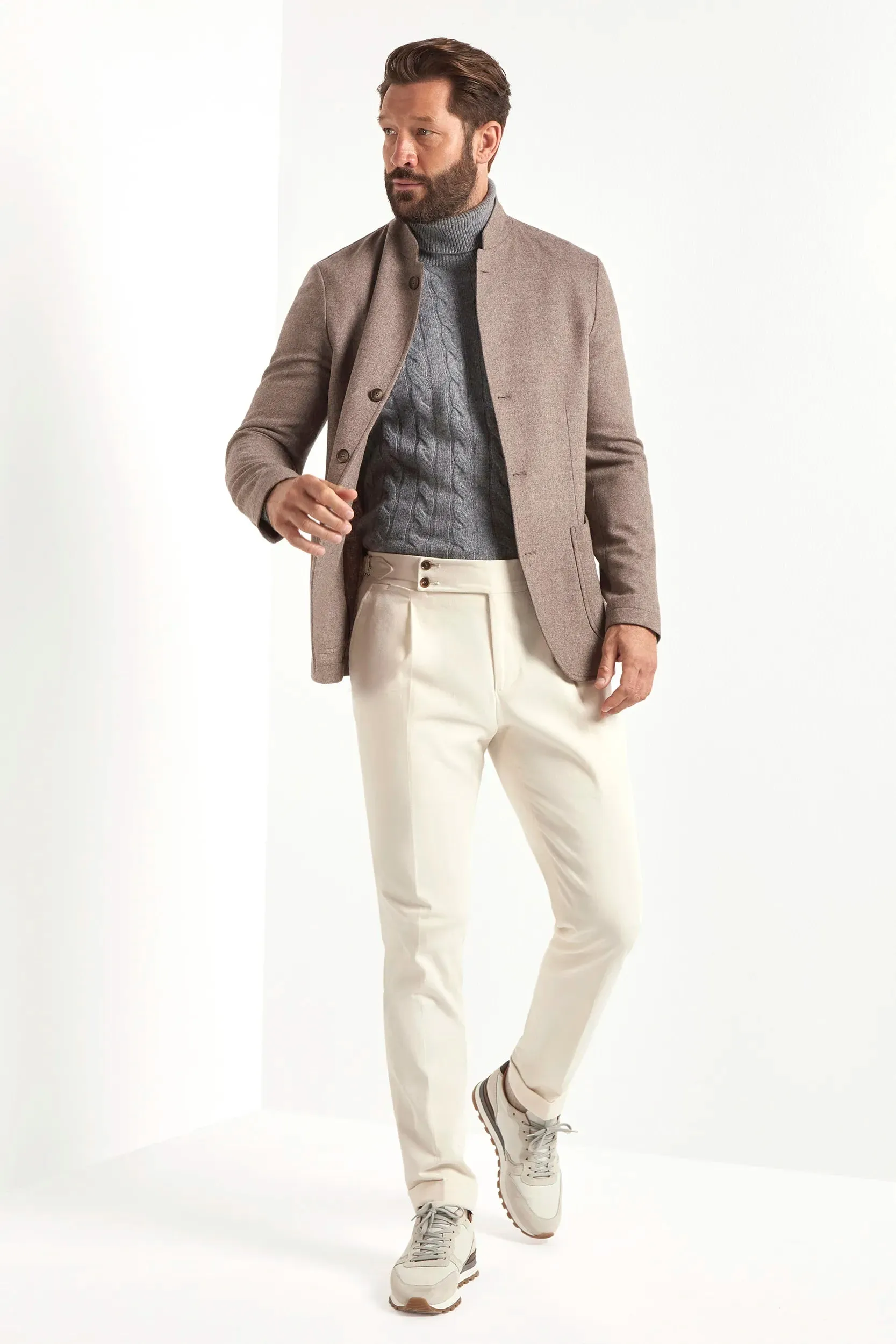 Taupe flannel coreana jacket - Made in Italy Tapered Hem Classic Urban Wear