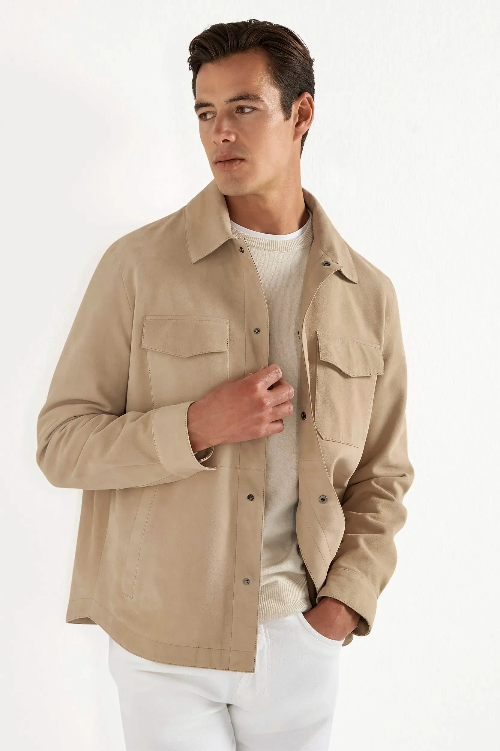 Breathable fabric Taupe suede shirt jacket - Made in Italy