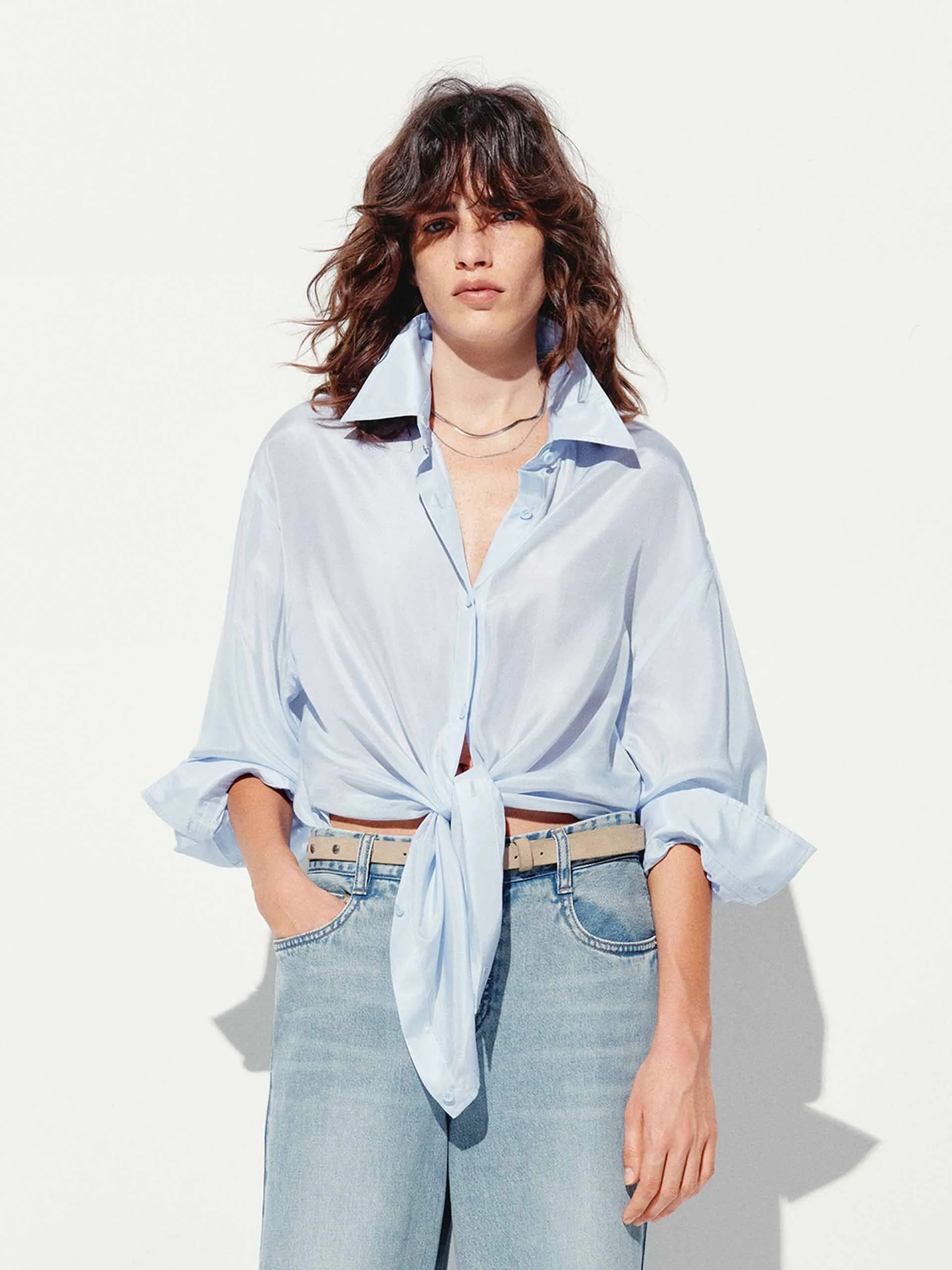 Loose Smooth Silk Shirt Contrast Stitch