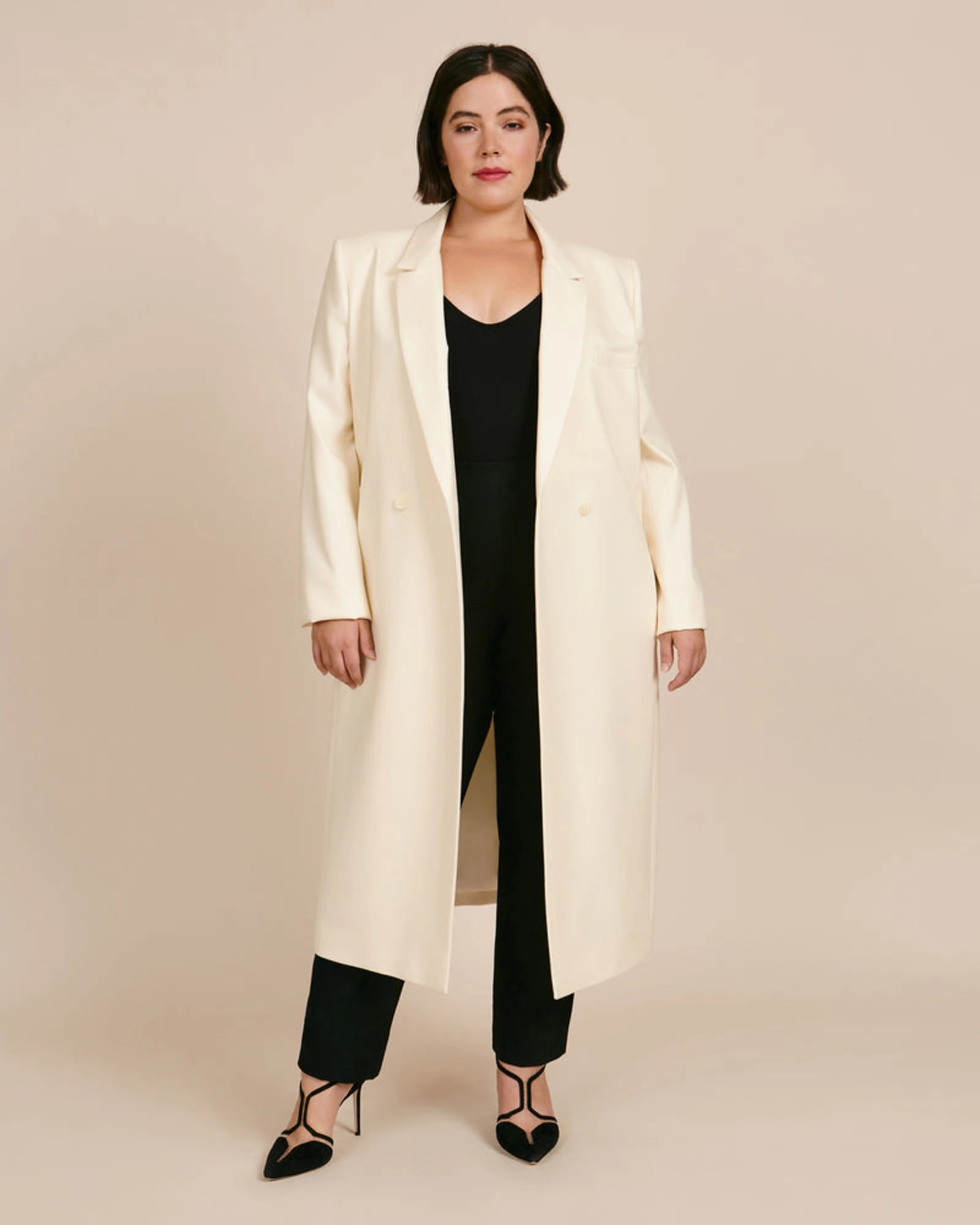 Adjustable Drawstring Hood Luxe Wool Twill Double Breasted Blazer Coat | Ivory