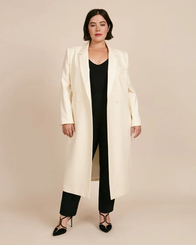 Adjustable Drawstring Hood Luxe Wool Twill Double Breasted Blazer Coat | Ivory