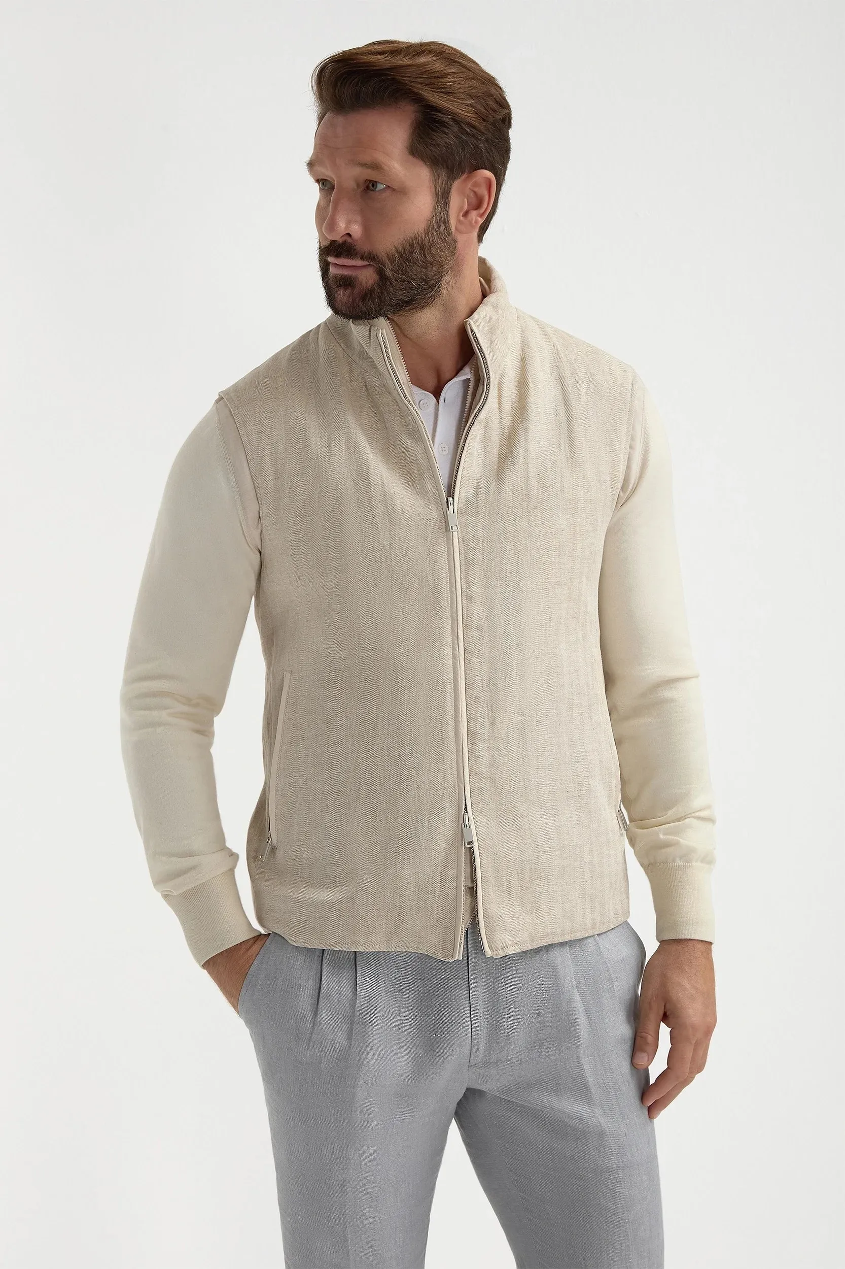 Sand herringbone reversible vest - Made in Italy MultiPocketLayout Anti Static Treatment