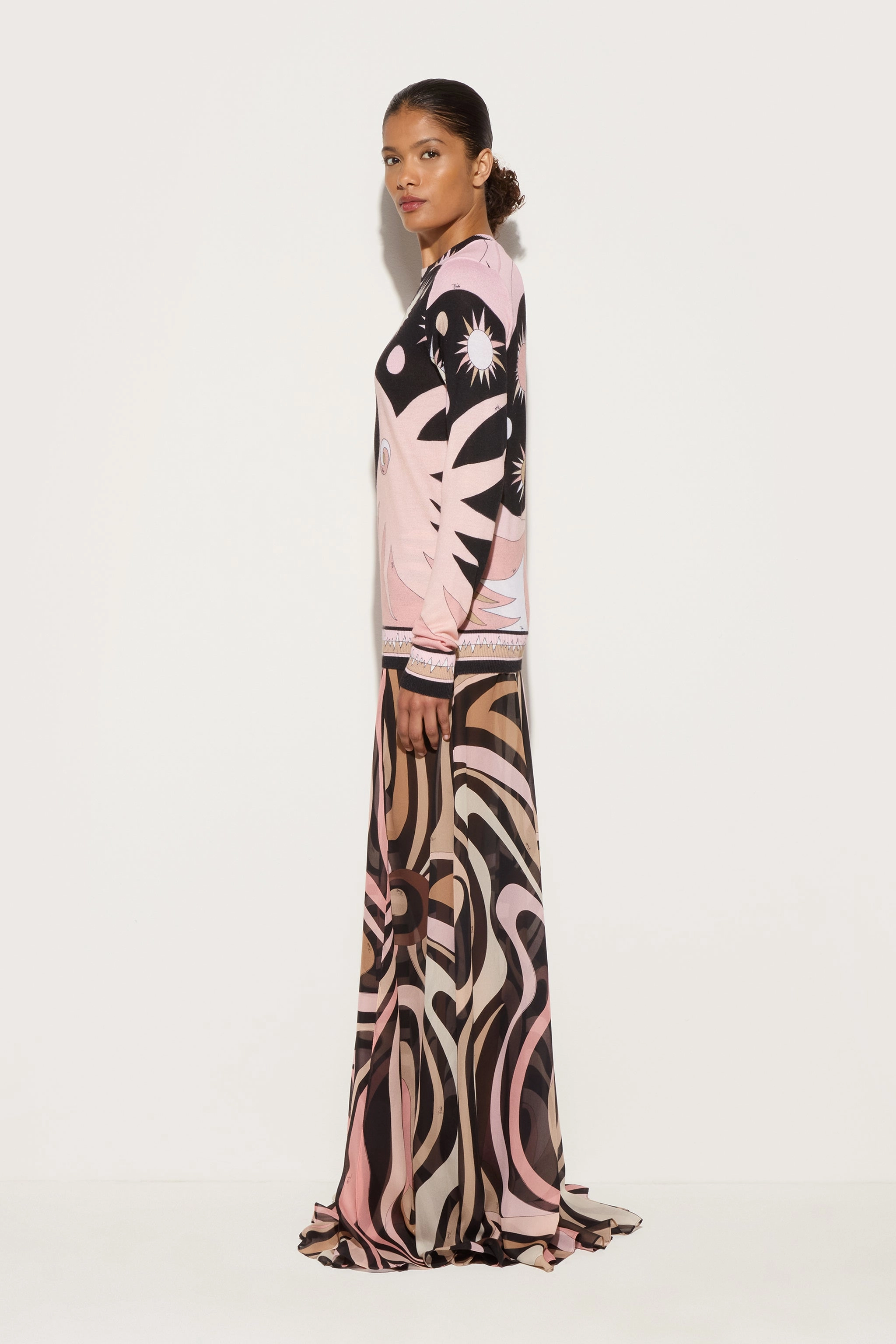 Secure Closure Versatile Outfit Marmo Print Silk Long Skirt