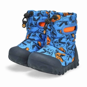 Mid Length Snow Explorer Bogs B-Moc Kids Blue Multi Cool Dinos Print Fleece Lined Snow Boot JOBB1807