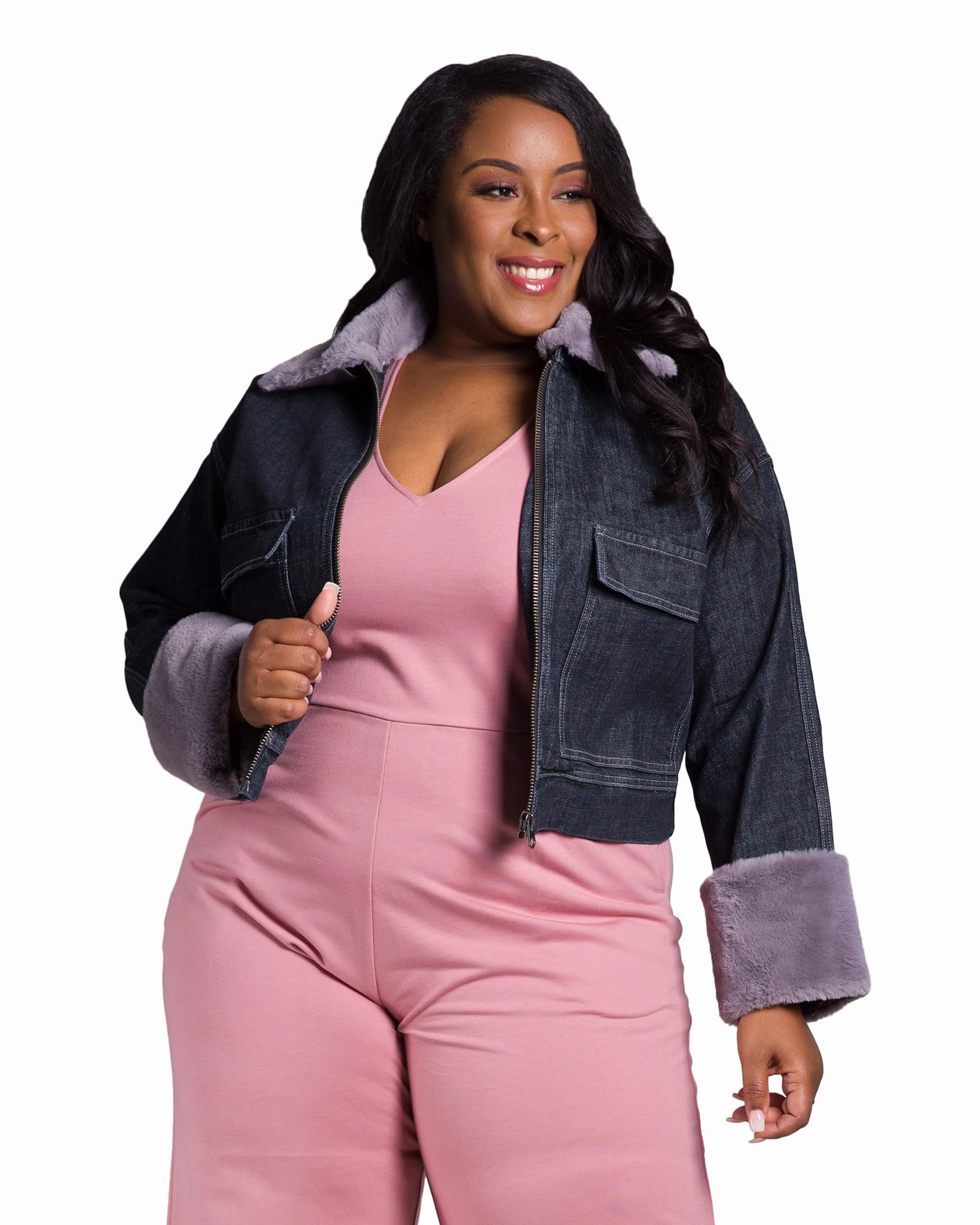 Tracy Faux Fur Trim Trucker Jacket | Vintage Ribbed Knit Cuffs Ergonomic Fit