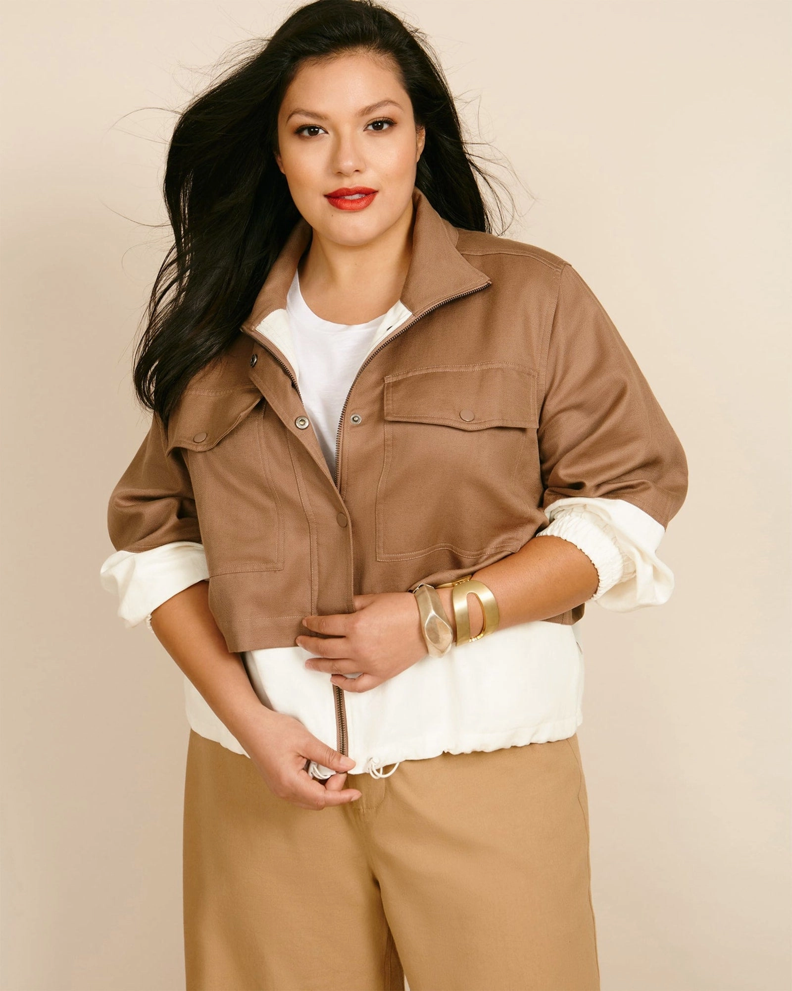 Selva Cropped Windbreaker | Camel Leather Flex Mobility System