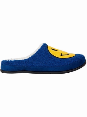 Reinforced Stitching day trip Deer Stags Smiley Face Slide Slippers Men's Blue Faux Fur Memory Foam MKZZ88