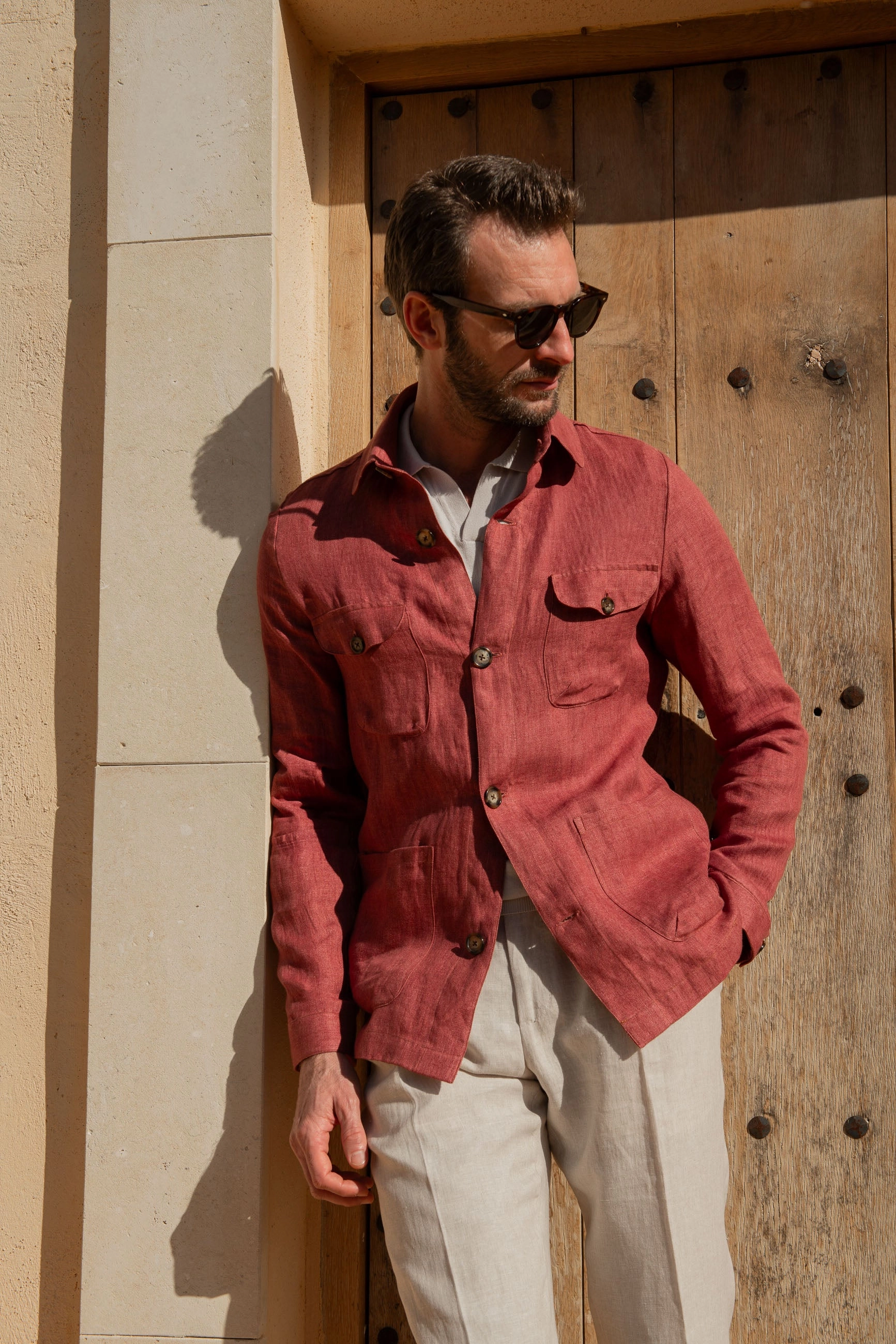 Red herringbone linen safari jacket ?C Made in Italy Adjustable Hem