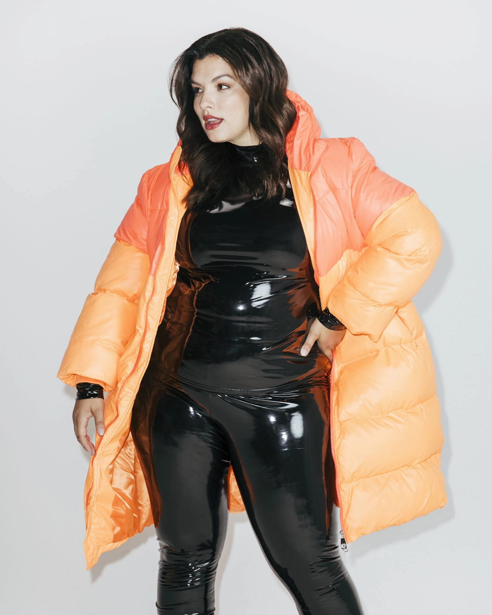 Two Tone Puffer | Orange Sports Jacket Stretch Knit Fabric