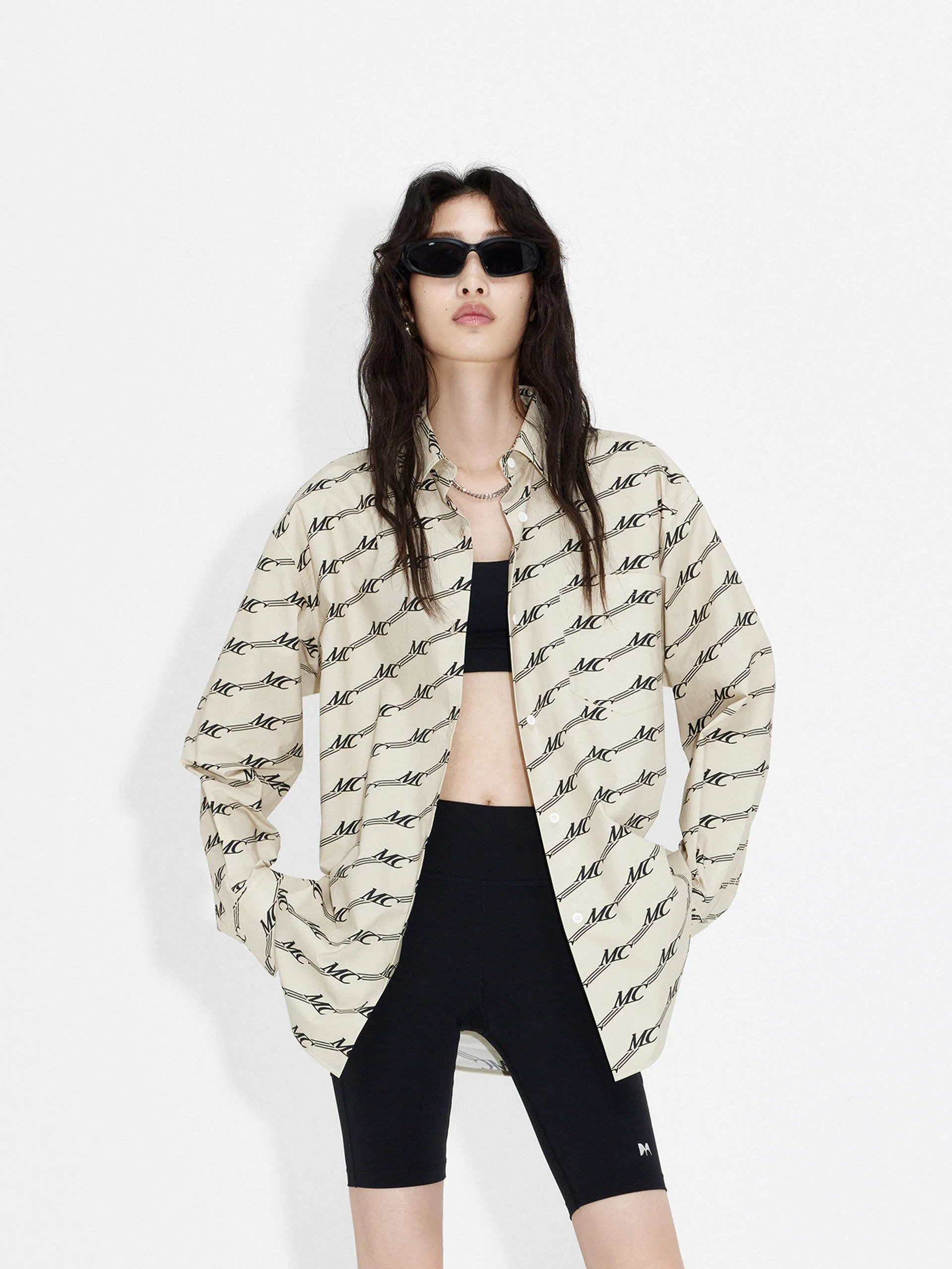 Monogram Print Cotton Shirt Layered Collar Perfect Wear