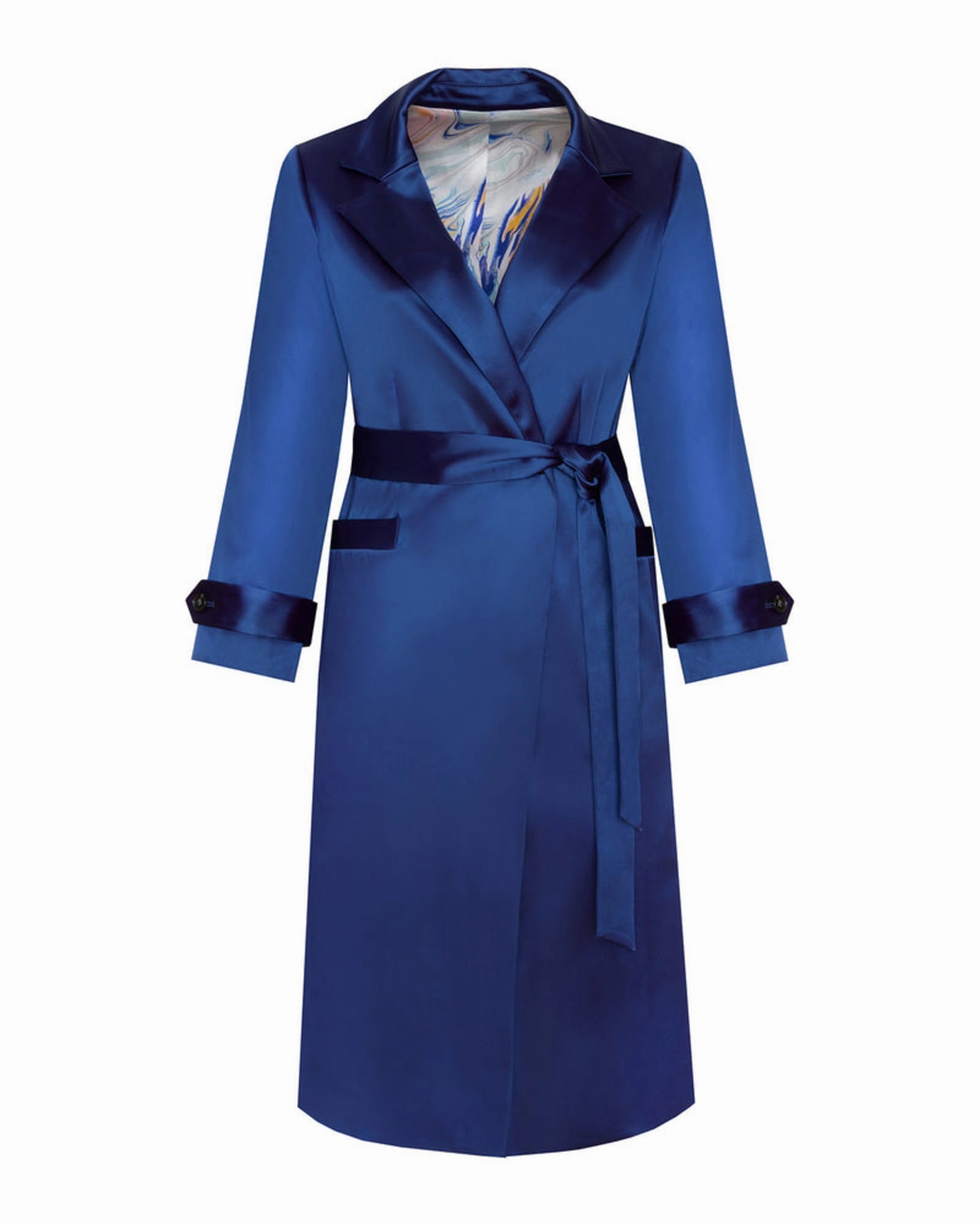 Water-Resistant Layer Caterina Stretch Satin Coat | Navy Blue - Blue print lining