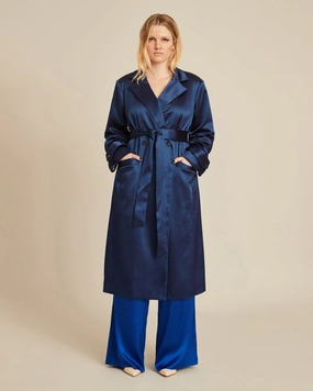 Caterina Stretch Satin Coat | Navy Blue - Blue print lining Sophisticated