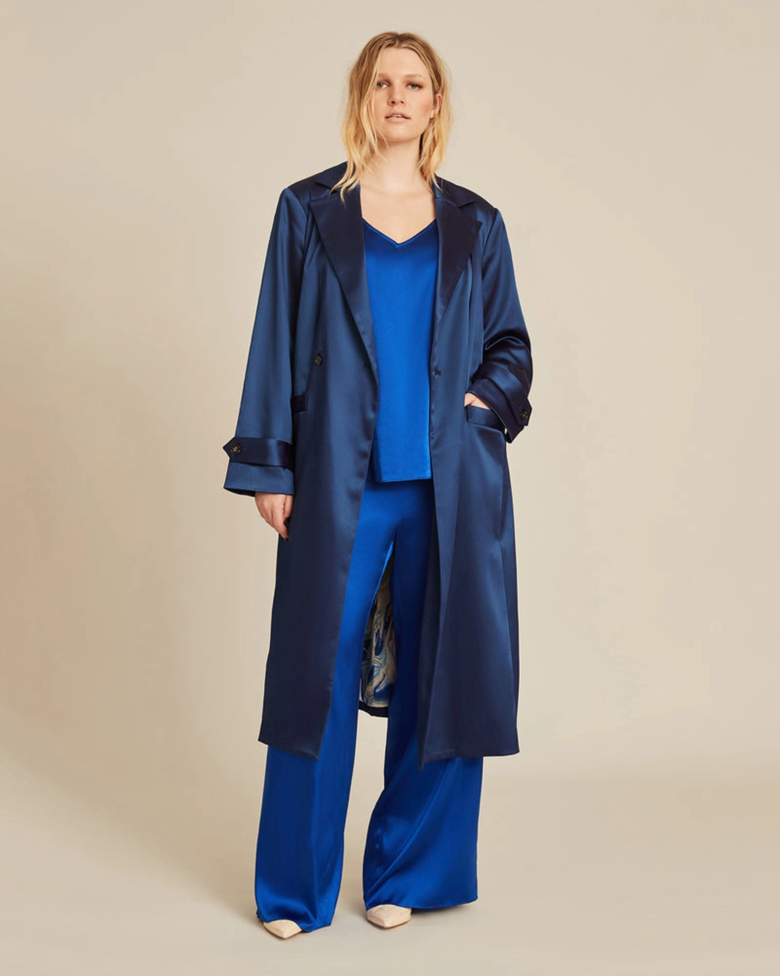 Caterina Stretch Satin Coat | Navy Blue - Blue print lining Performance Outerwear