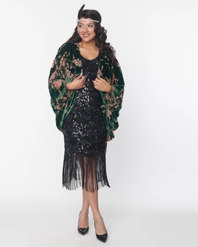 Pub Articulated Seams Unique Vintage Emerald Green Floral Burnout Velvet Kimono | Emerald Green