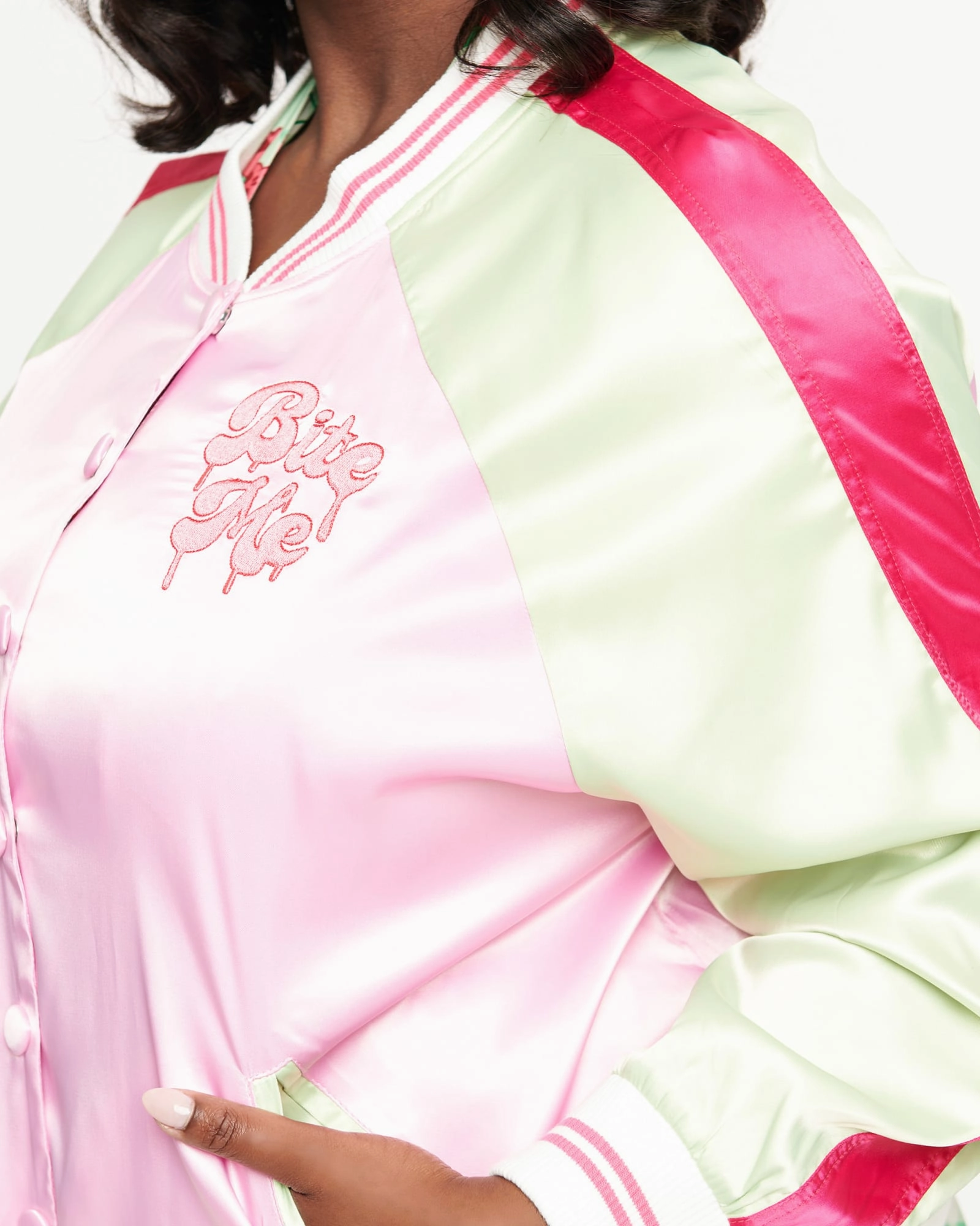 Document Unique Vintage Pink & Green Bite Me Satin Bomber Jacket | Pink & Green