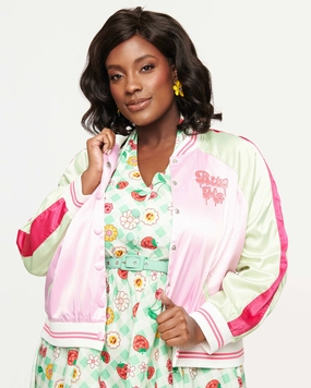 Unique Vintage Pink & Green Bite Me Satin Bomber Jacket | Pink & Green Upgrade Zip-up