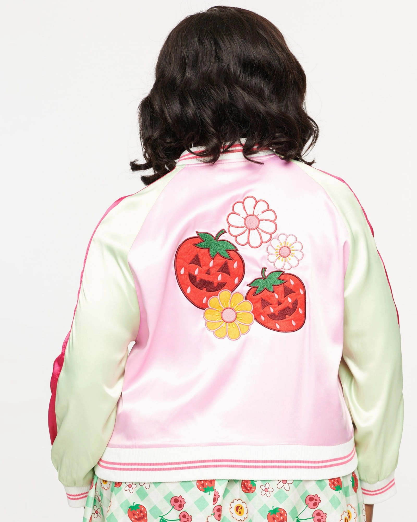 Unique Vintage Pink & Green Bite Me Satin Bomber Jacket | Pink & Green Moment