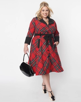 Participate Unique Vintage Red Tartan Plaid Swing Coat | Red Plaid