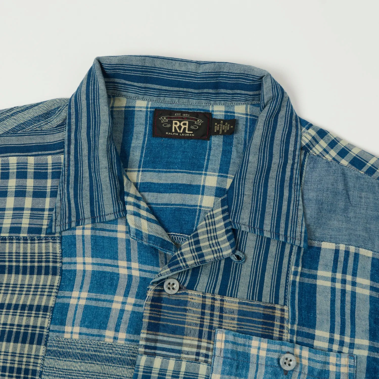 Versatile Layering Piece RRL Patchwork Camp Collar Shirt - Indigo