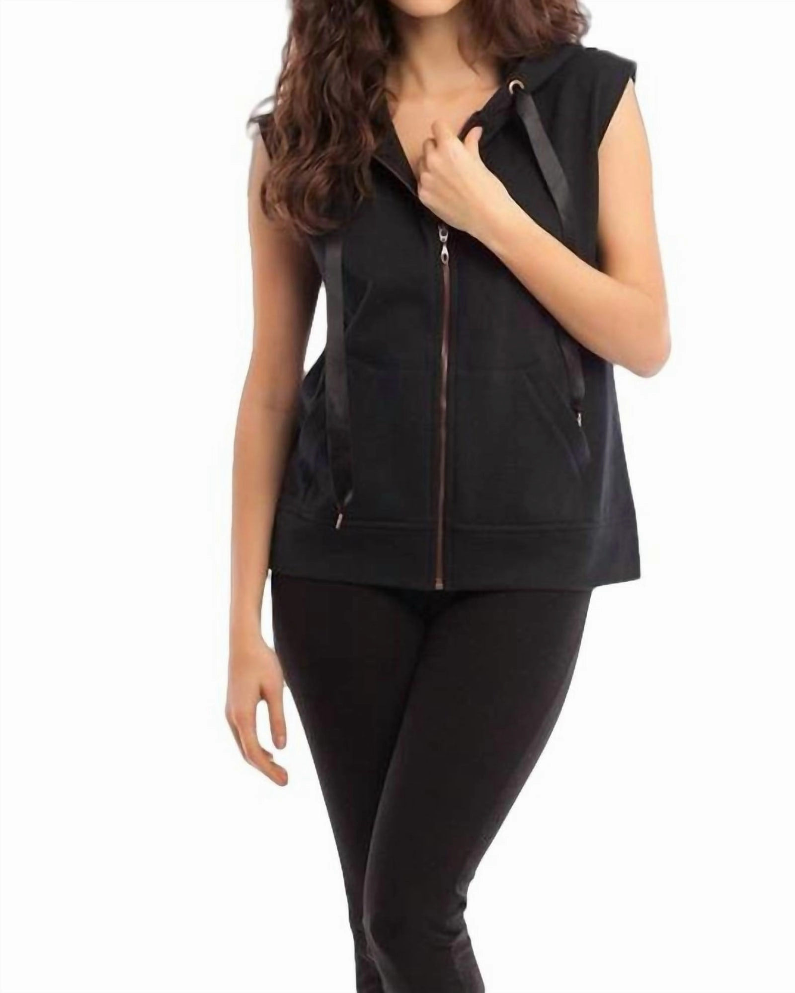 Madison Hooded Vest in Black | Black Double Layered Hood