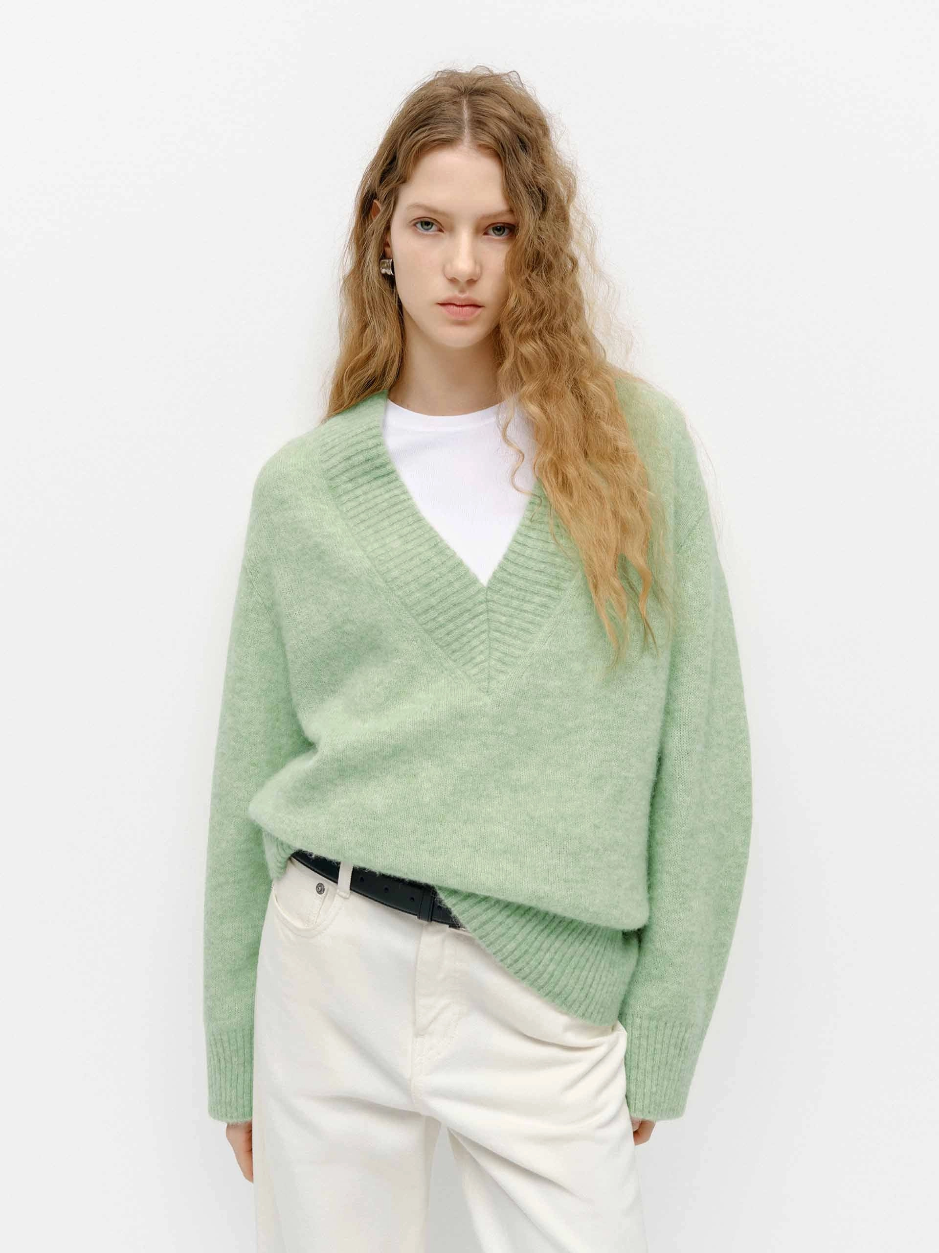 V-neck Fluffy Knit Sweater crew neck