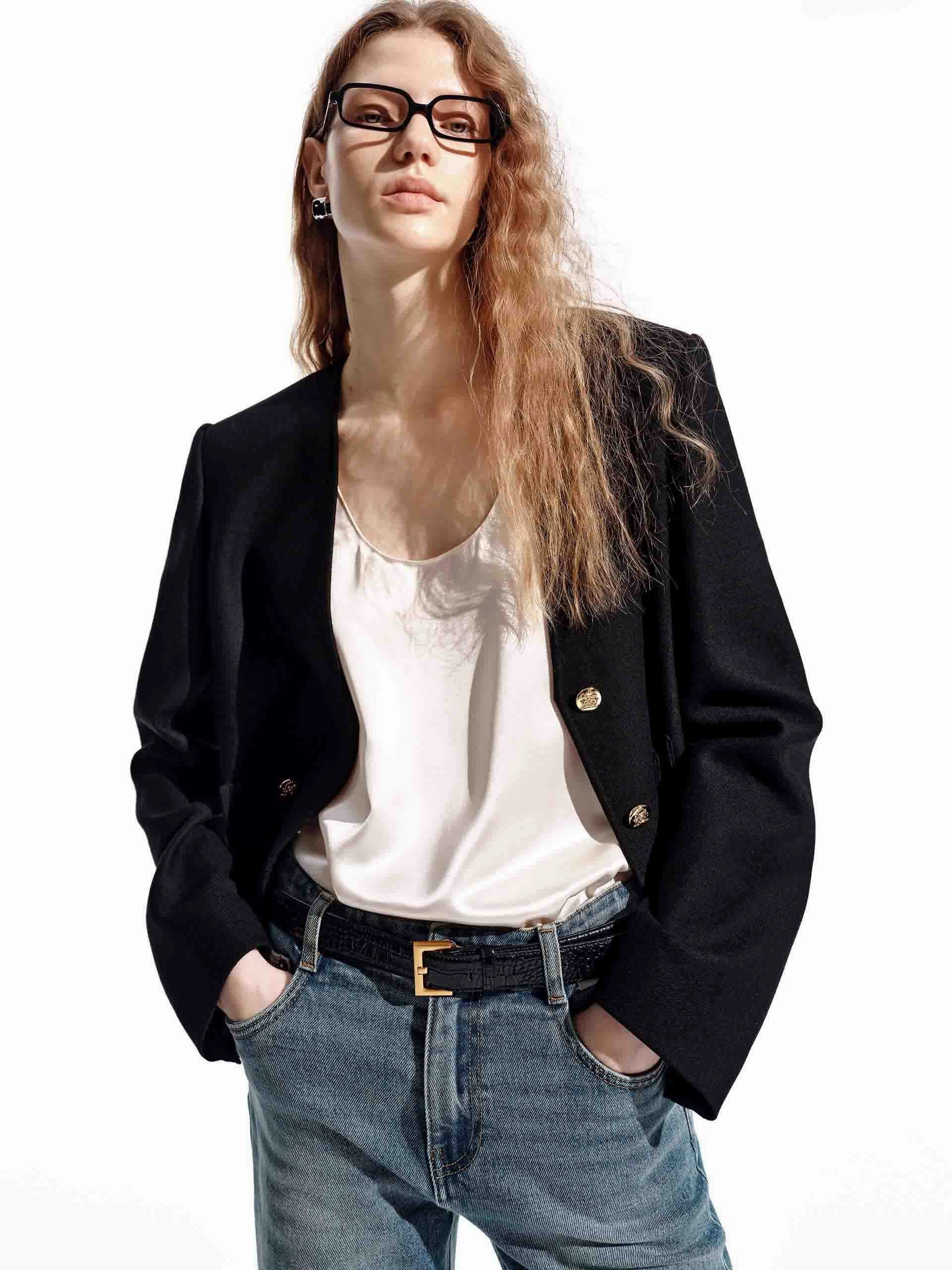 Bonded Edge Finish Durable AbrasionResistant Panels V-neck Wool Jacket