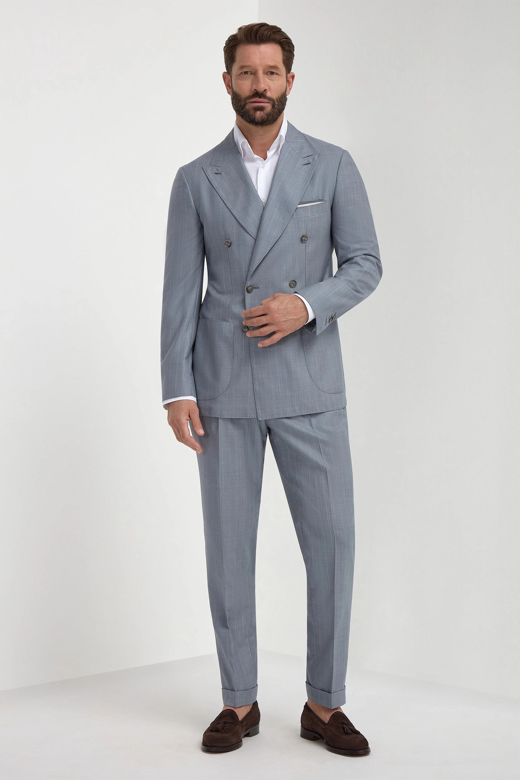 Flattering Comfort Wear Dusty blue pinstripe double breasted Super 150's suit - Made in Italy