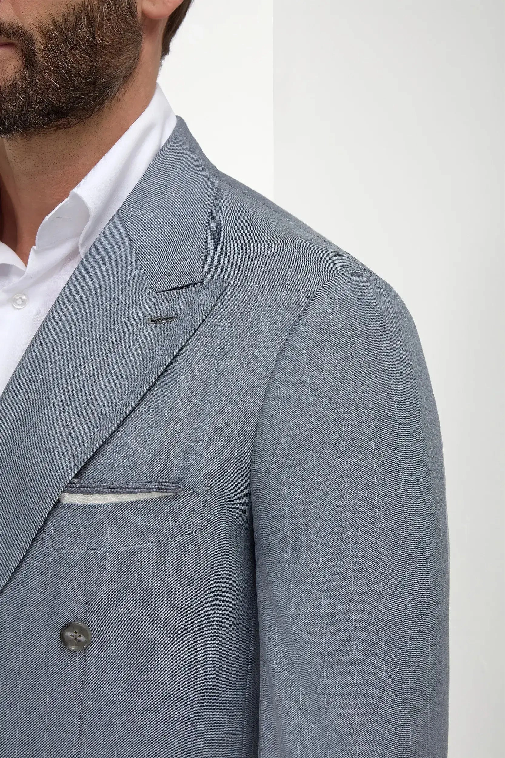 Dusty blue pinstripe double breasted Super 150's suit - Made in Italy Minimalist Aesthetic Detailing Business Fit