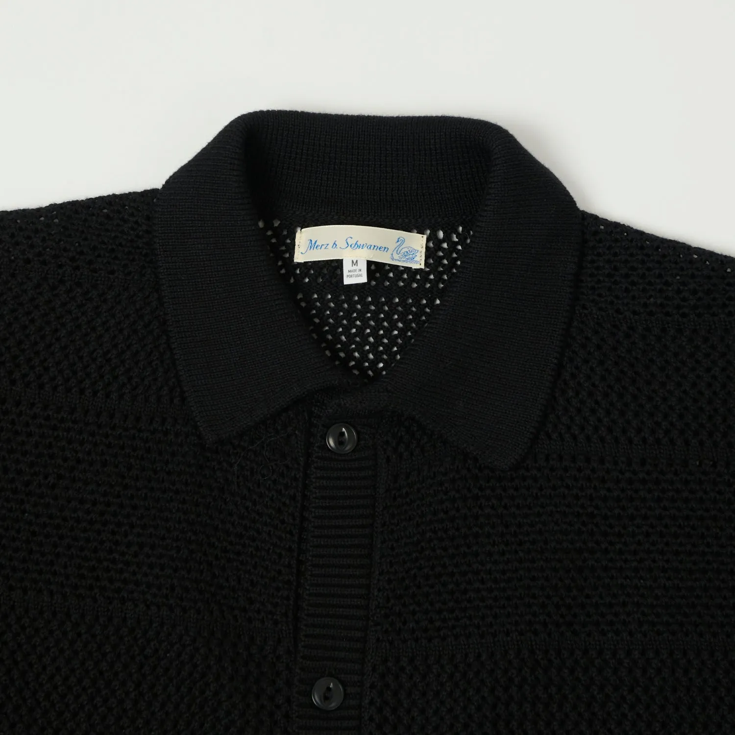 DoubleLayered Hem Binding Merz b. Schwanen 'Good Basics' Crochet Polo Shirt - Deep Black