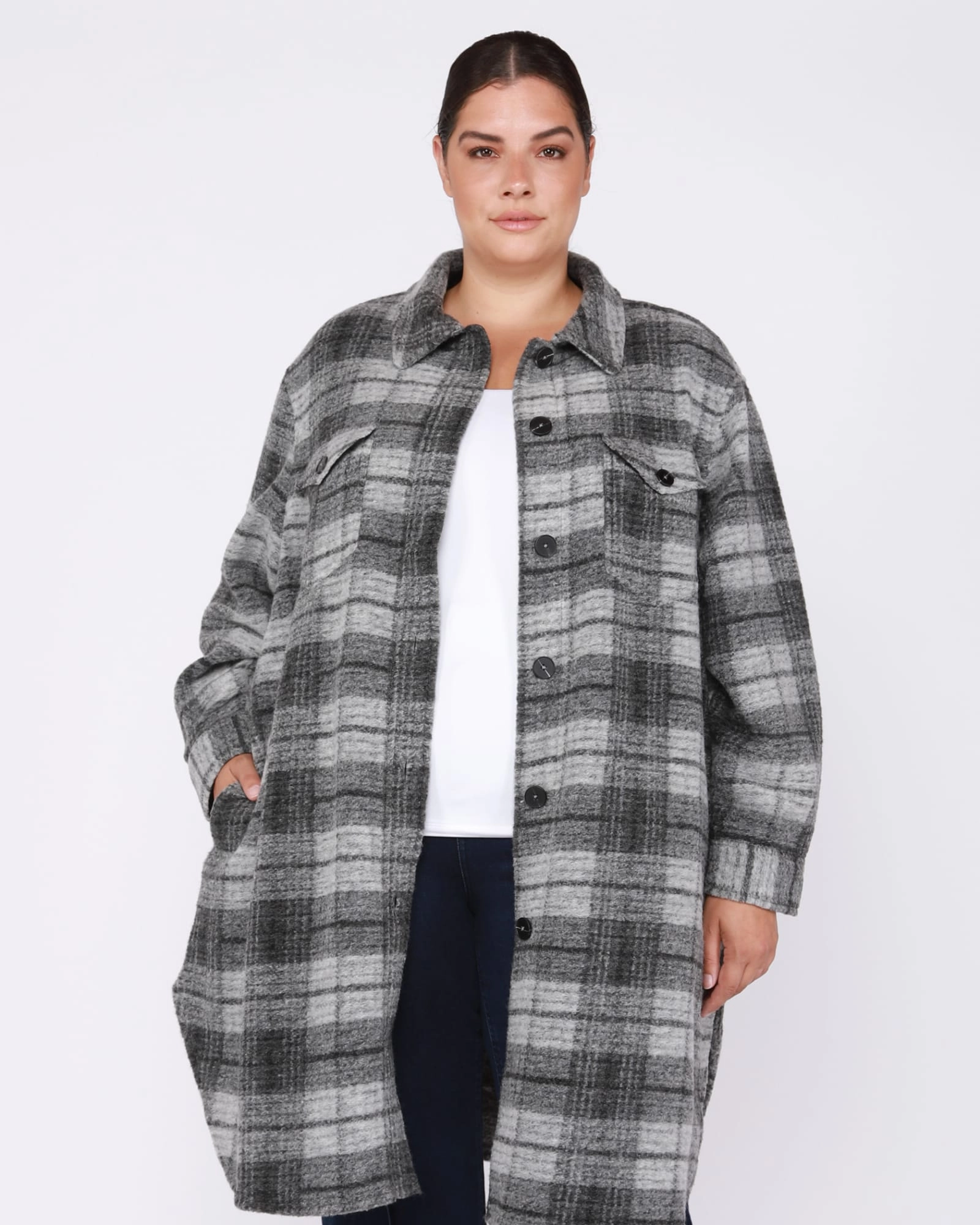 Hiking Jacket Vikki Brushed Wool Plaid Shacket | Light Grey / Charcoal Grey