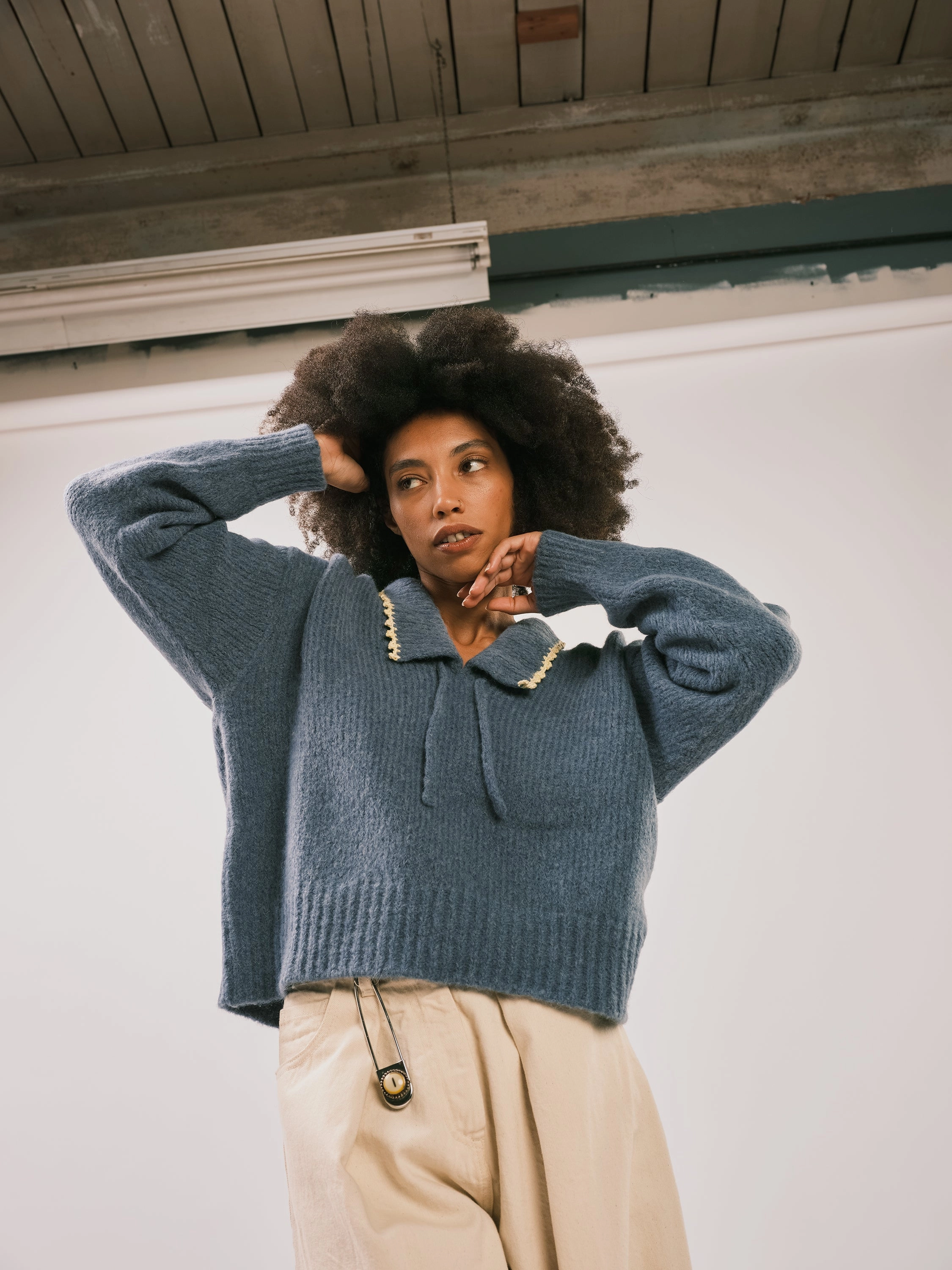 Ribbed cuff Maya Sweater - Lake