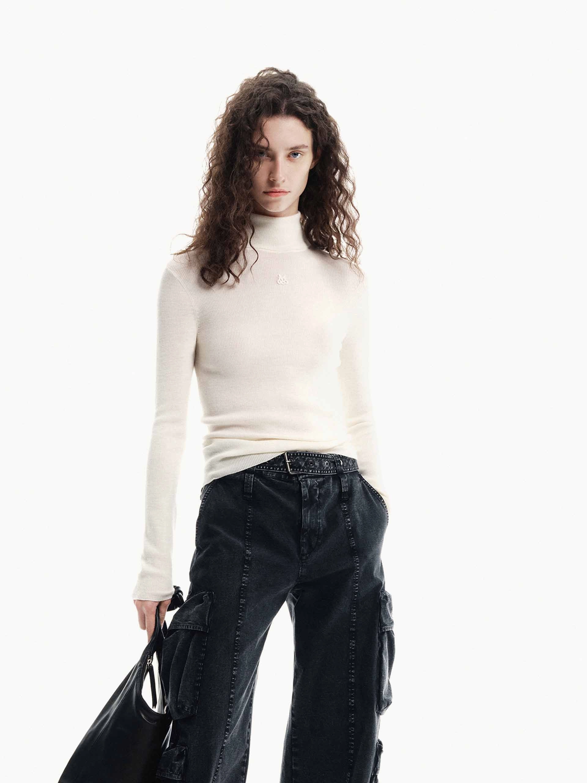 Merino Wool Turtleneck Sweater Heathered Effect Garment Dyed Finish