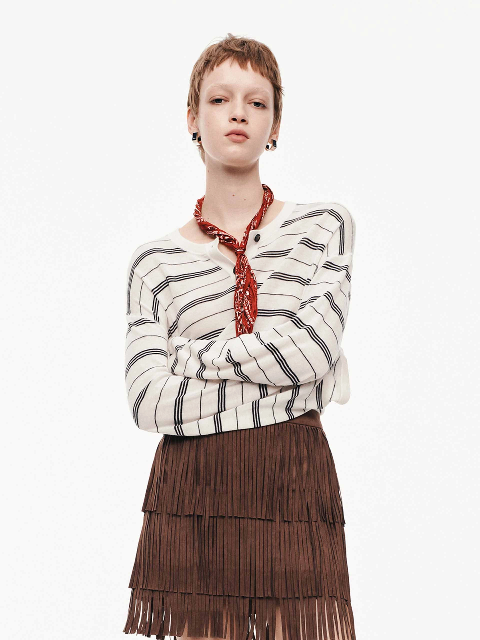 Striped Wool Knit Sweater No Ride Up Relaxed Neckline