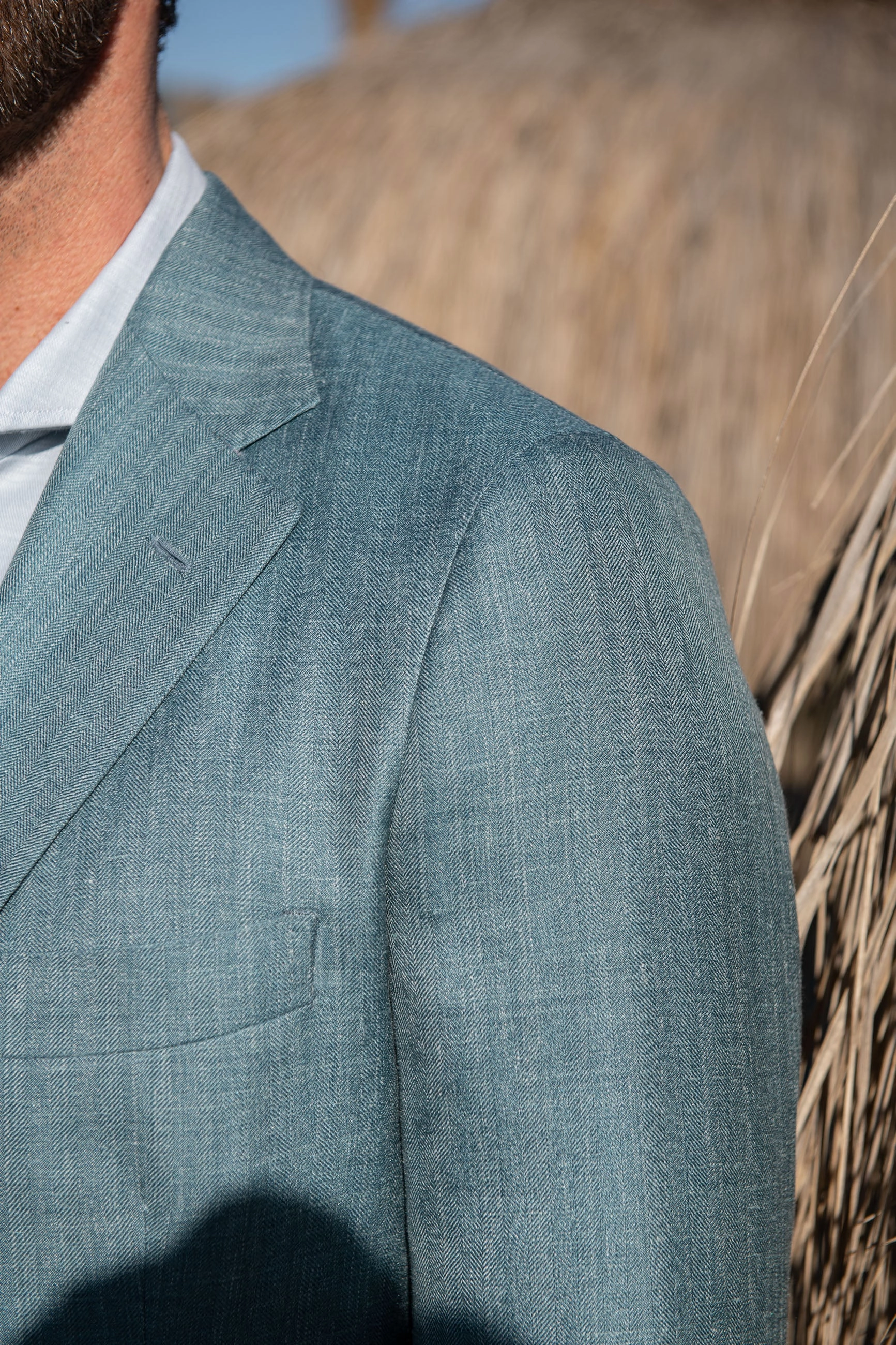 Water green herringbone jacket in wool silk and linen - Made in Italy Structured Fit