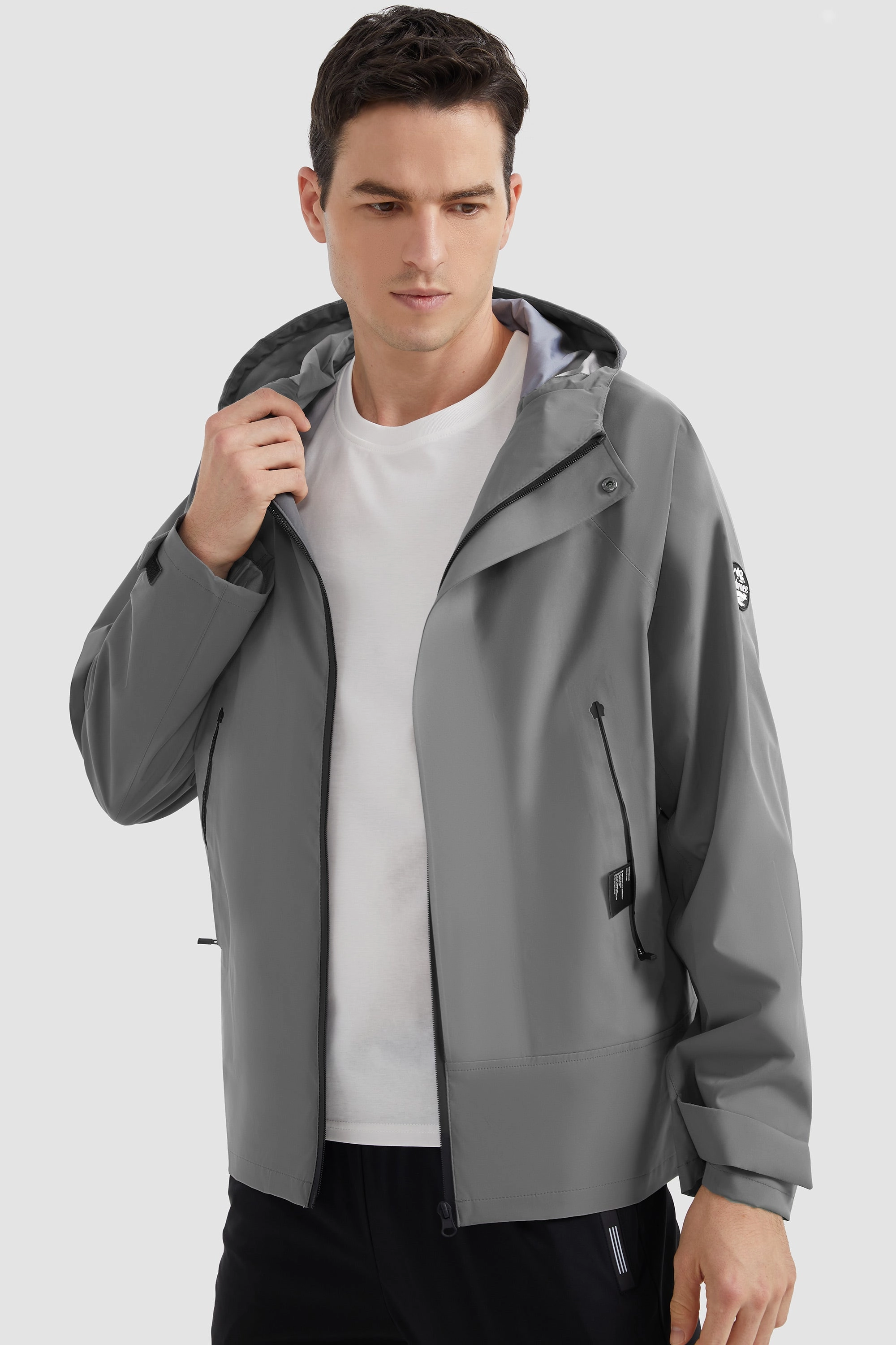 Waterproof Hooded Rain Jacket Noise Reducing Fabric Eco Friendly Coatings