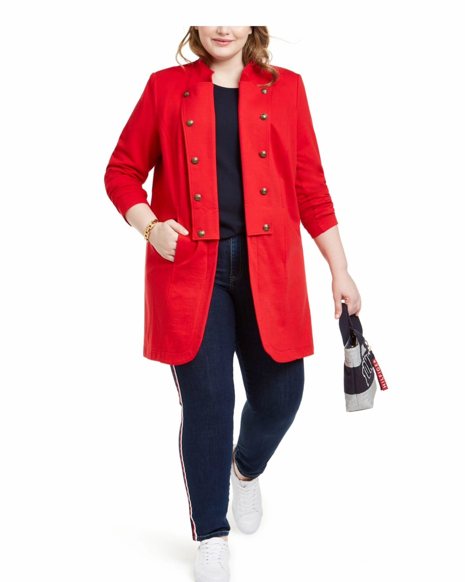 Adjustable Drawstrings Patch Tommy Hilfiger Womens Plus Double-Breasted MIDI Military Jacket Red Size 2X | Red